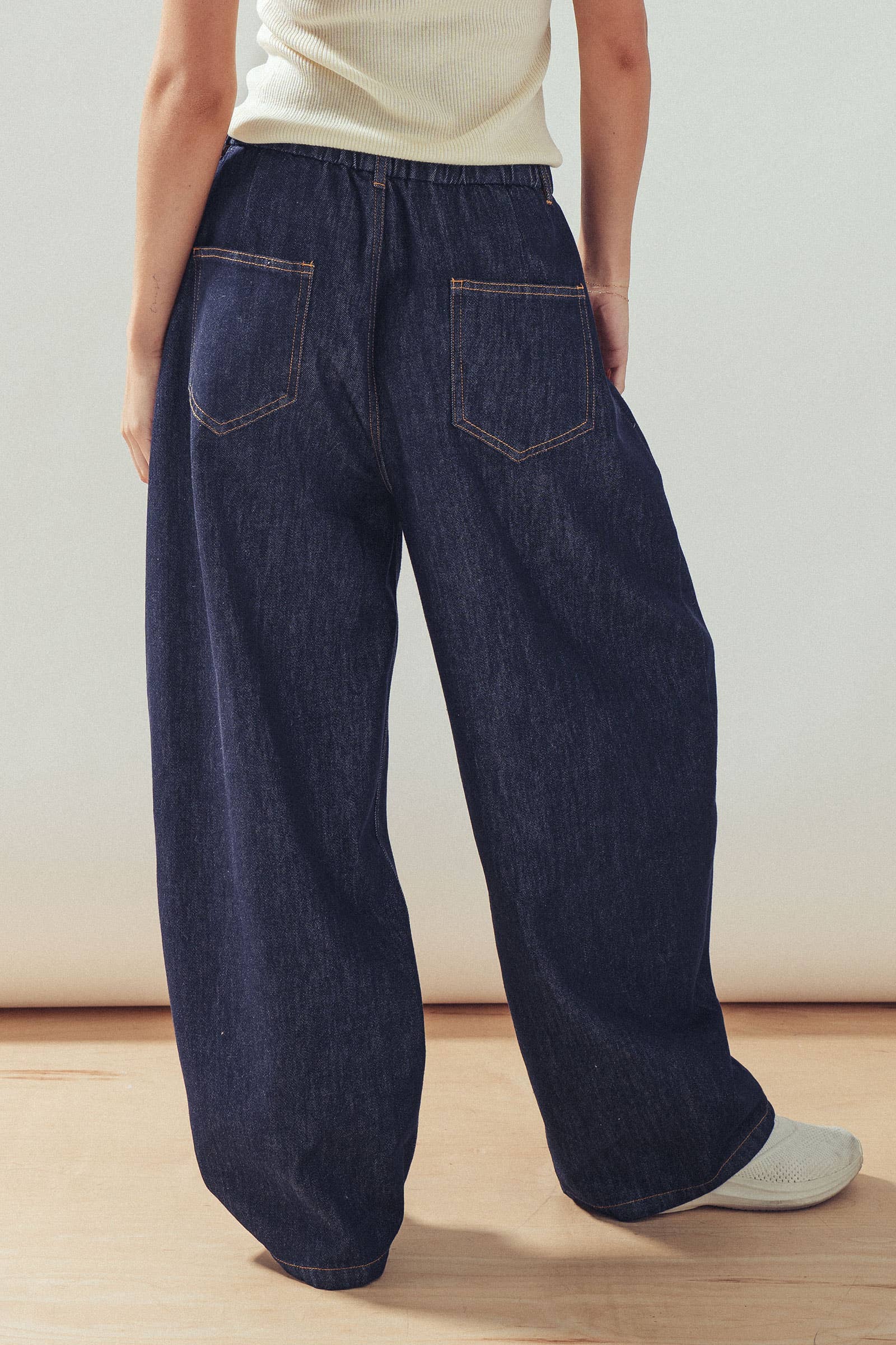 Drawstring Waist Dark Wash Barrel Leg Jeans