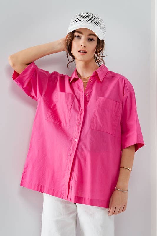 Urban Daizy Oversized Cotton Button-Up Shirt Magenta Button Down Shirt - Women's (UDZ-TP-00558)