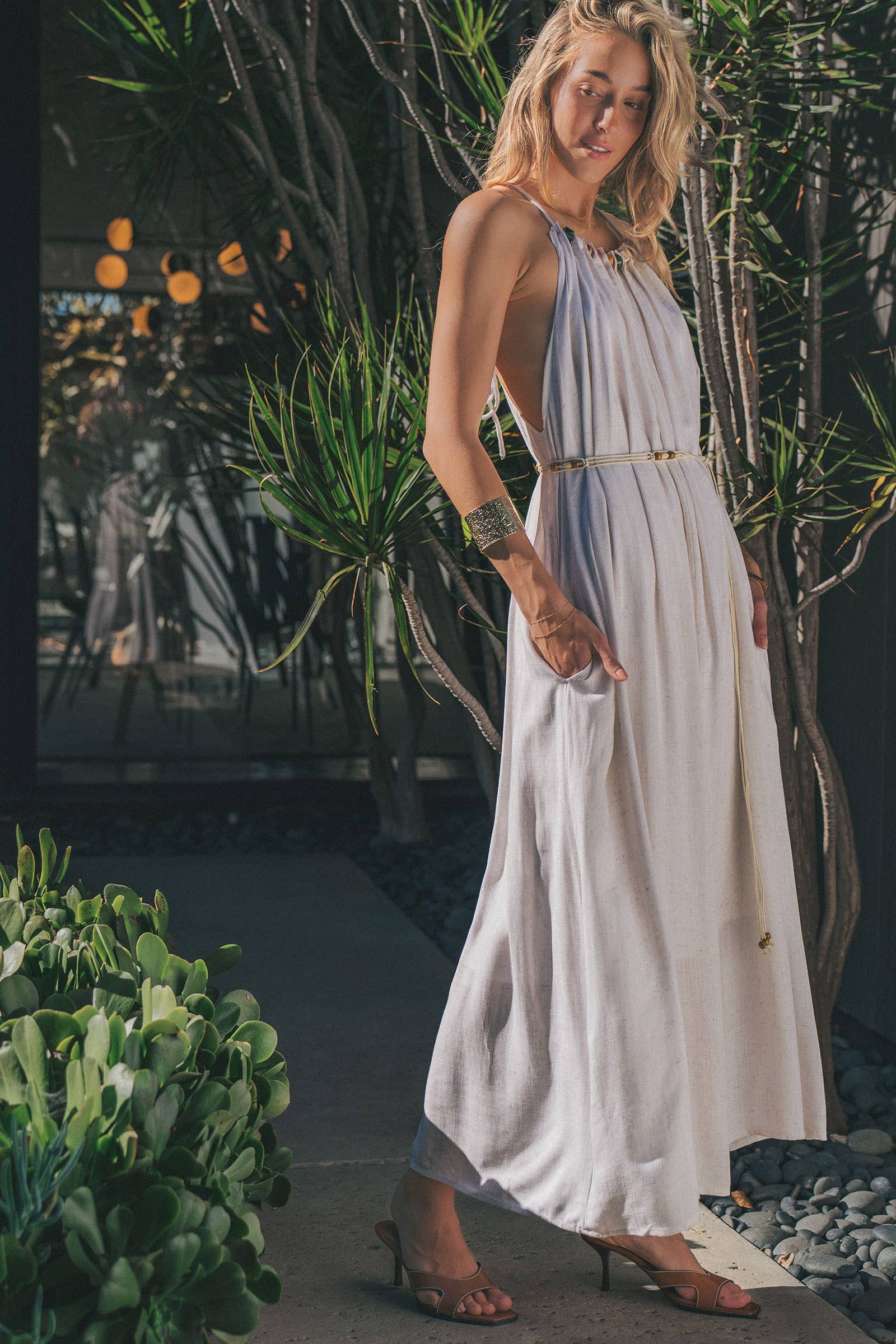 Beaded Halter Neck Linen Blend Maxi Dress