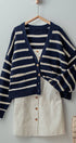 Urban Daizy Striped Cropped V Neck Embellished Button Cardigan Navy Ivory Cardigan - Women's (UDZ-KN-00501) – alternate…