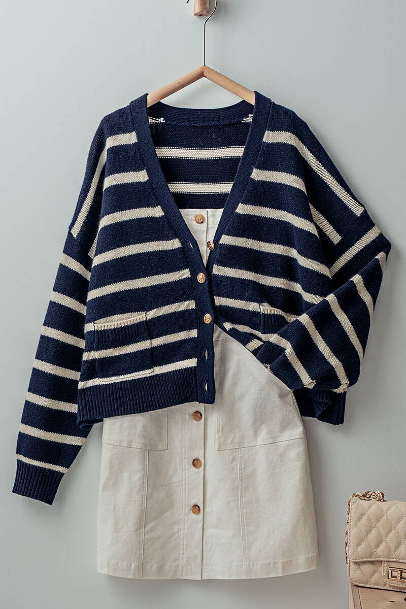 Urban Daizy Striped Cropped V Neck Embellished Button Cardigan Navy Ivory Cardigan - Women's (UDZ-KN-00501) – alternate…