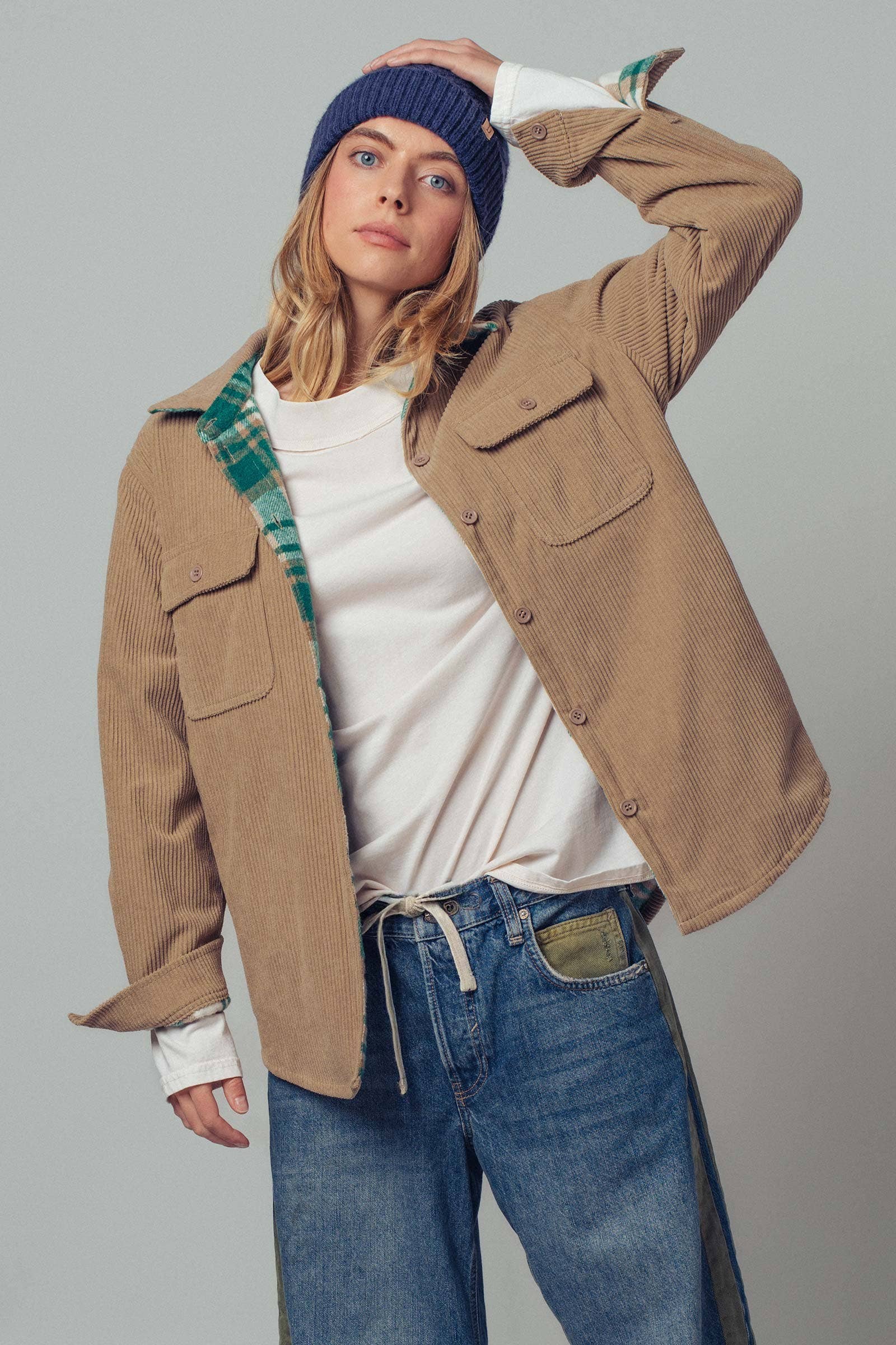 Urban Daizy Plaid Flannel-Lined Corduroy Shacket Taupe Shirt Jacket/Shacket - Women's (UDZ-KN-00150) – alternate view 10
