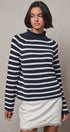 Striped Mock Neck Sweater with Rolled Neckline in IVORY NAVY - Women's Sweaters | Urban Daizy