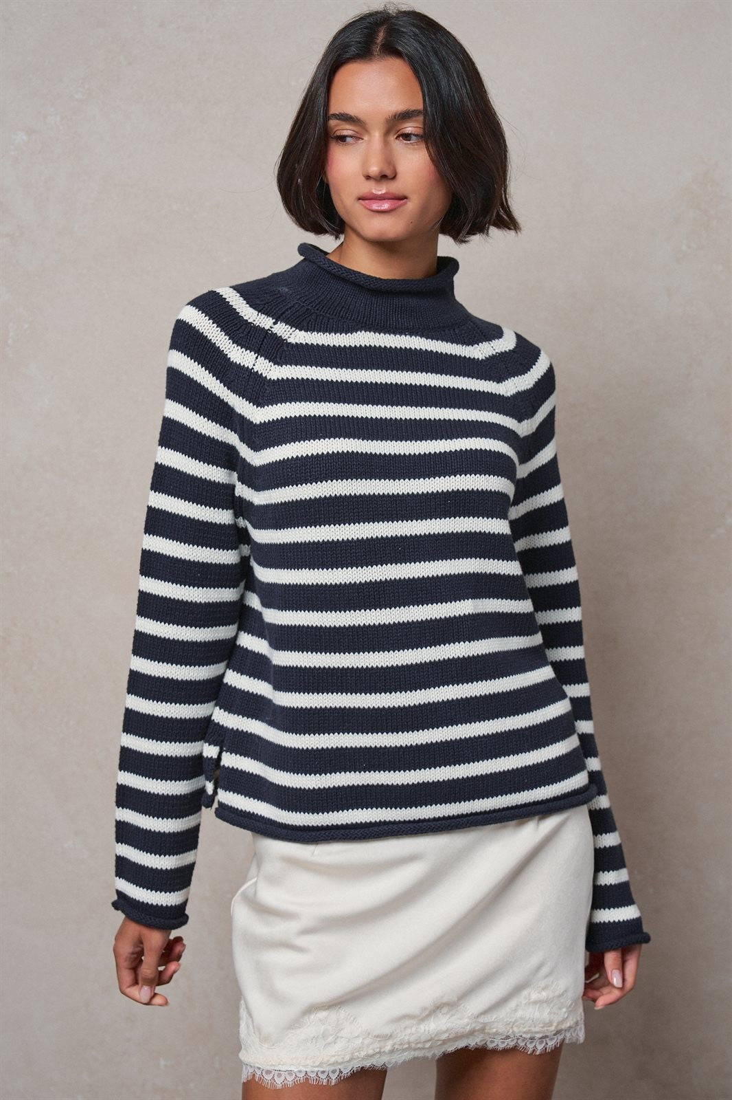 Striped Mock Neck Sweater with Rolled Neckline in IVORY NAVY - Women's Sweaters | Urban Daizy
