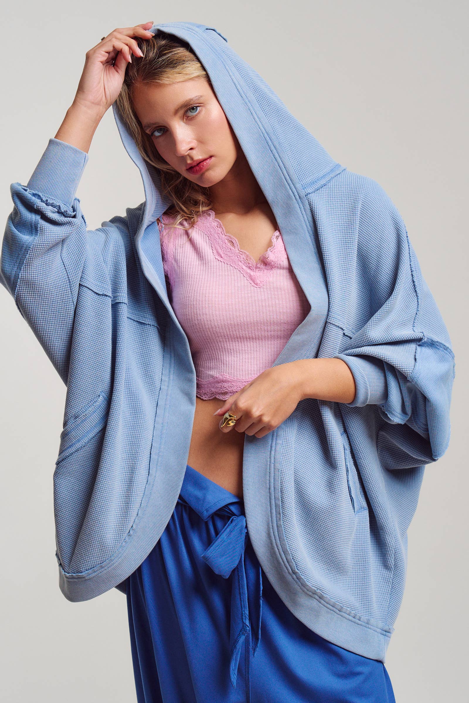 Washed Waffle Knit Hooded Cardigan