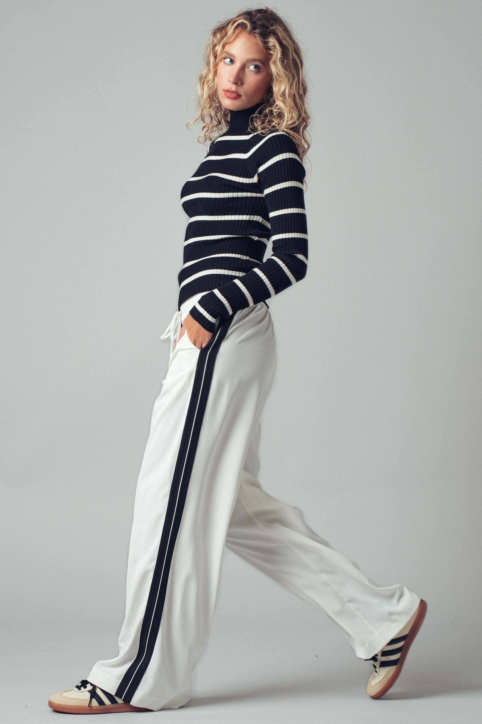 Striped Mock Neck Ribbed Sweater