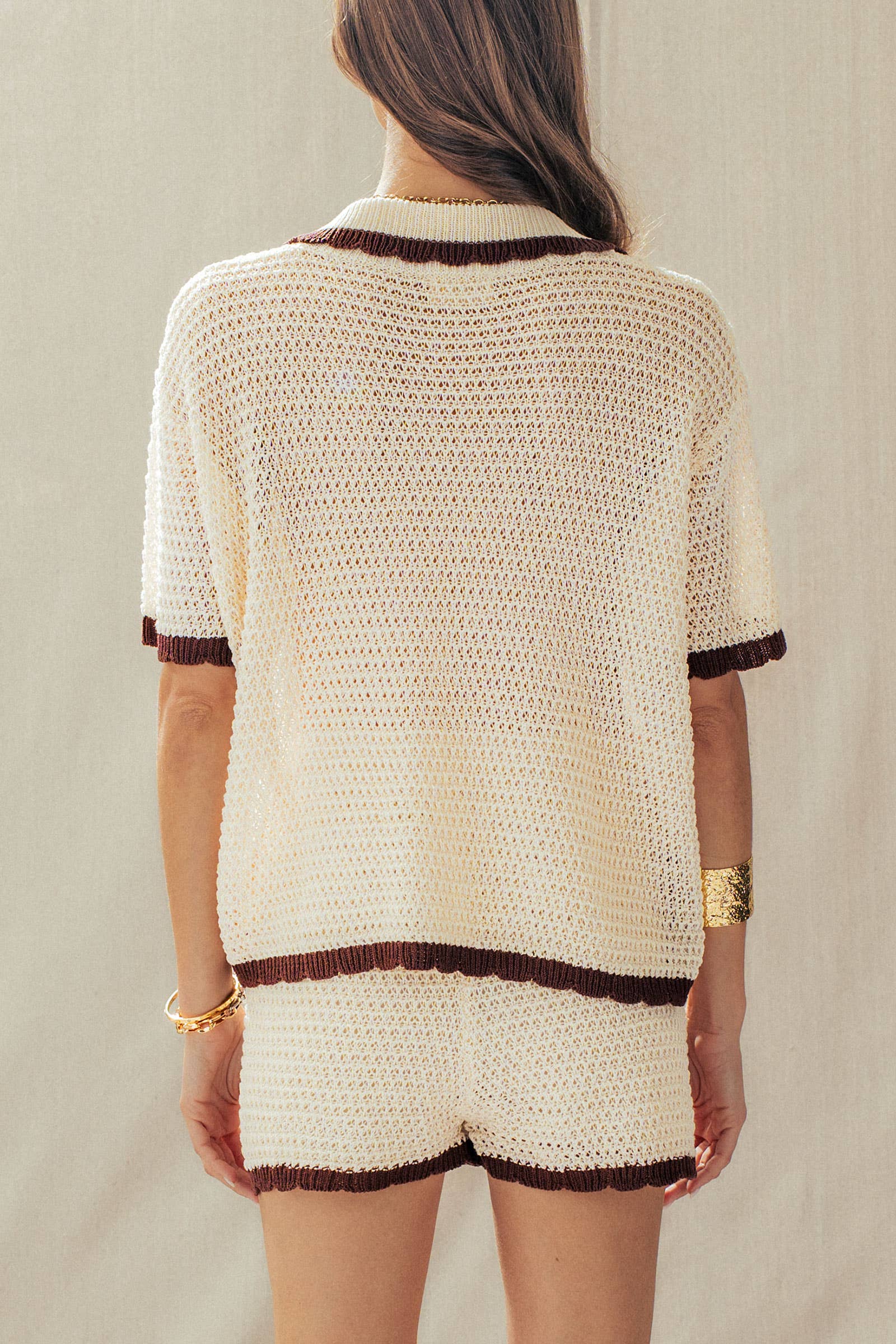 Urban Daizy Contrast Trim Crochet Knit Two-Piece Set Ivory-Brown Lounge Set - Women's (UDZ-AC-00233) – alternate view 4