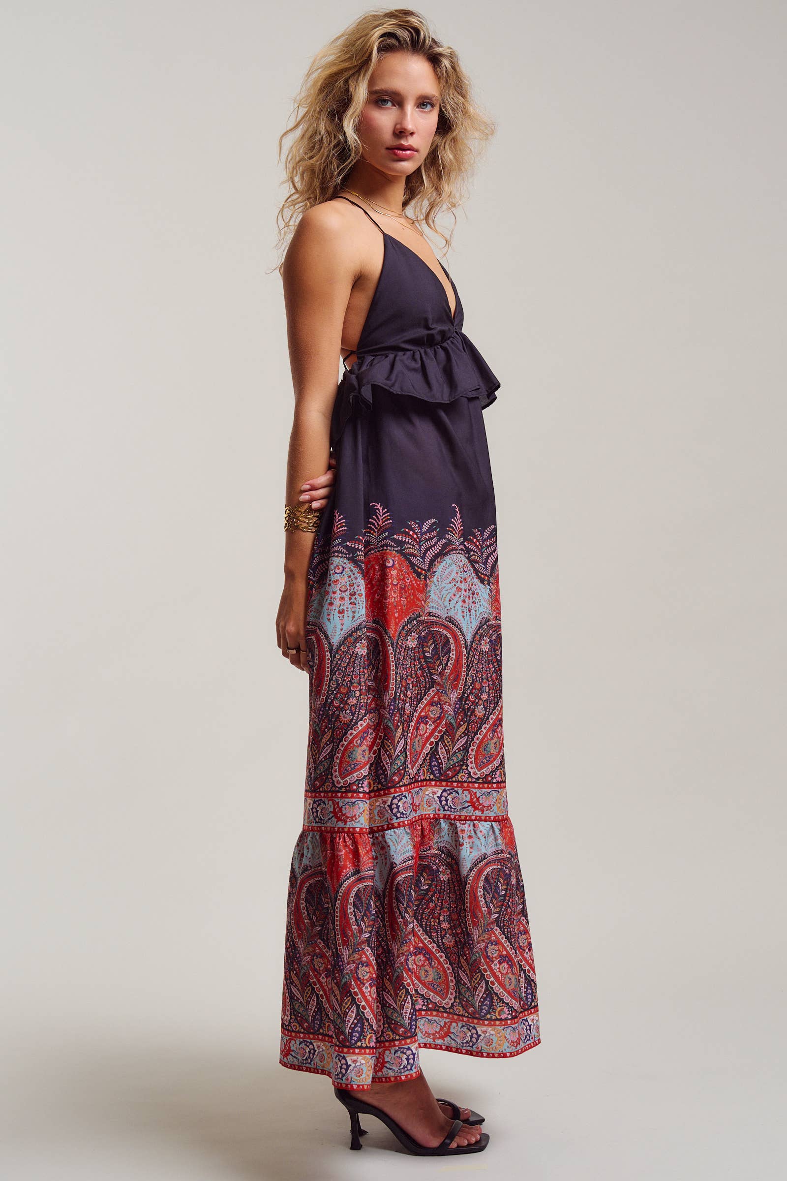 Urban Daizy Paisley Border Print Ruffle Overlay Maxi Dress Black Dress - Women's (UDDR0351-Black) – alternate view 4