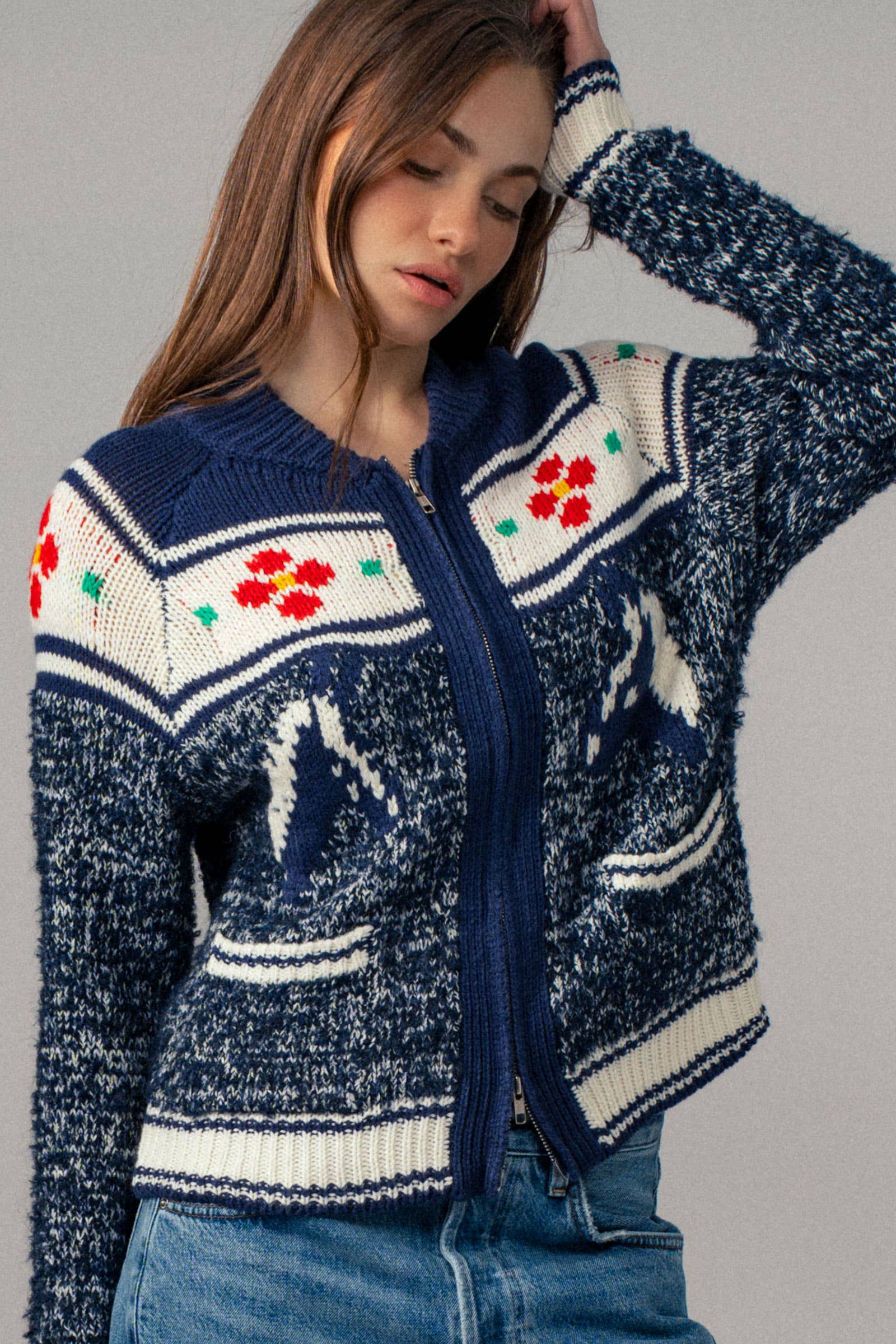 Urban Daizy Floral Yoke Zip-Up Knit Cardigan Navy-Multi Cardigan - Women's (UDZ-TP-00814) – alternate view 4