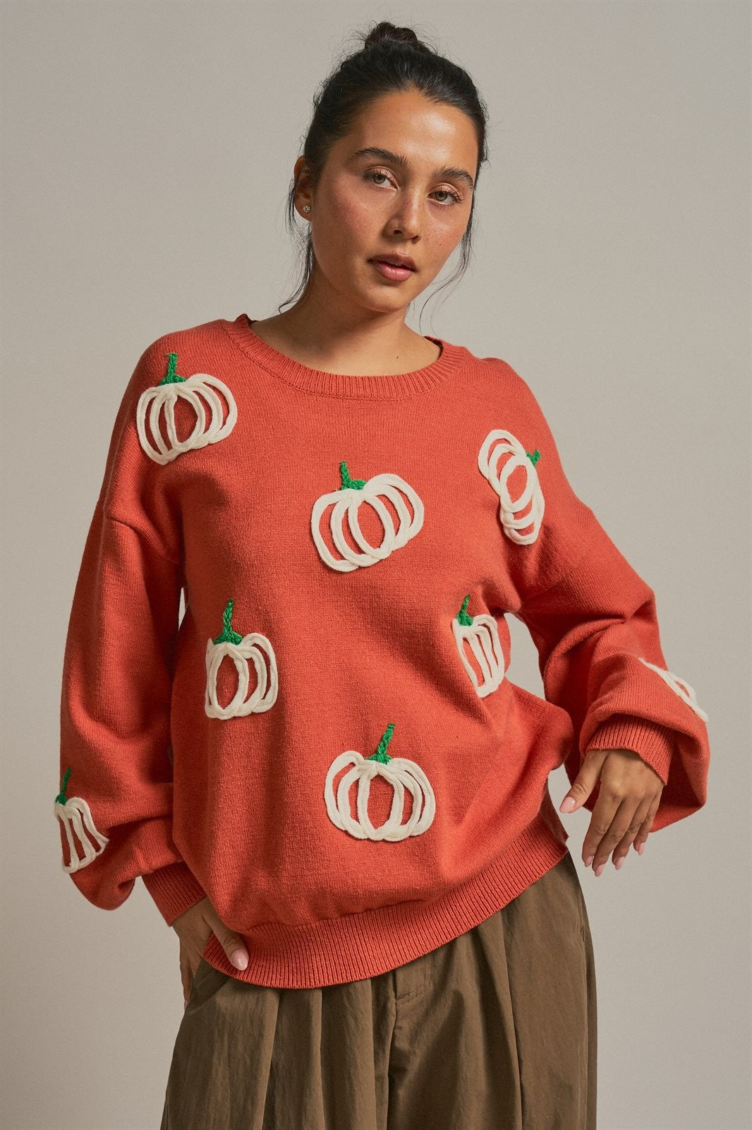 Pumpkin Embroidered Crew Neck Sweater in RUST - Women's Sweaters | Urban Daizy
