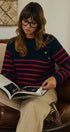 Striped Mock Neck Sweater with Gold Button Shoulder in RED/NAVY - Women's Sweaters | Urban Daizy