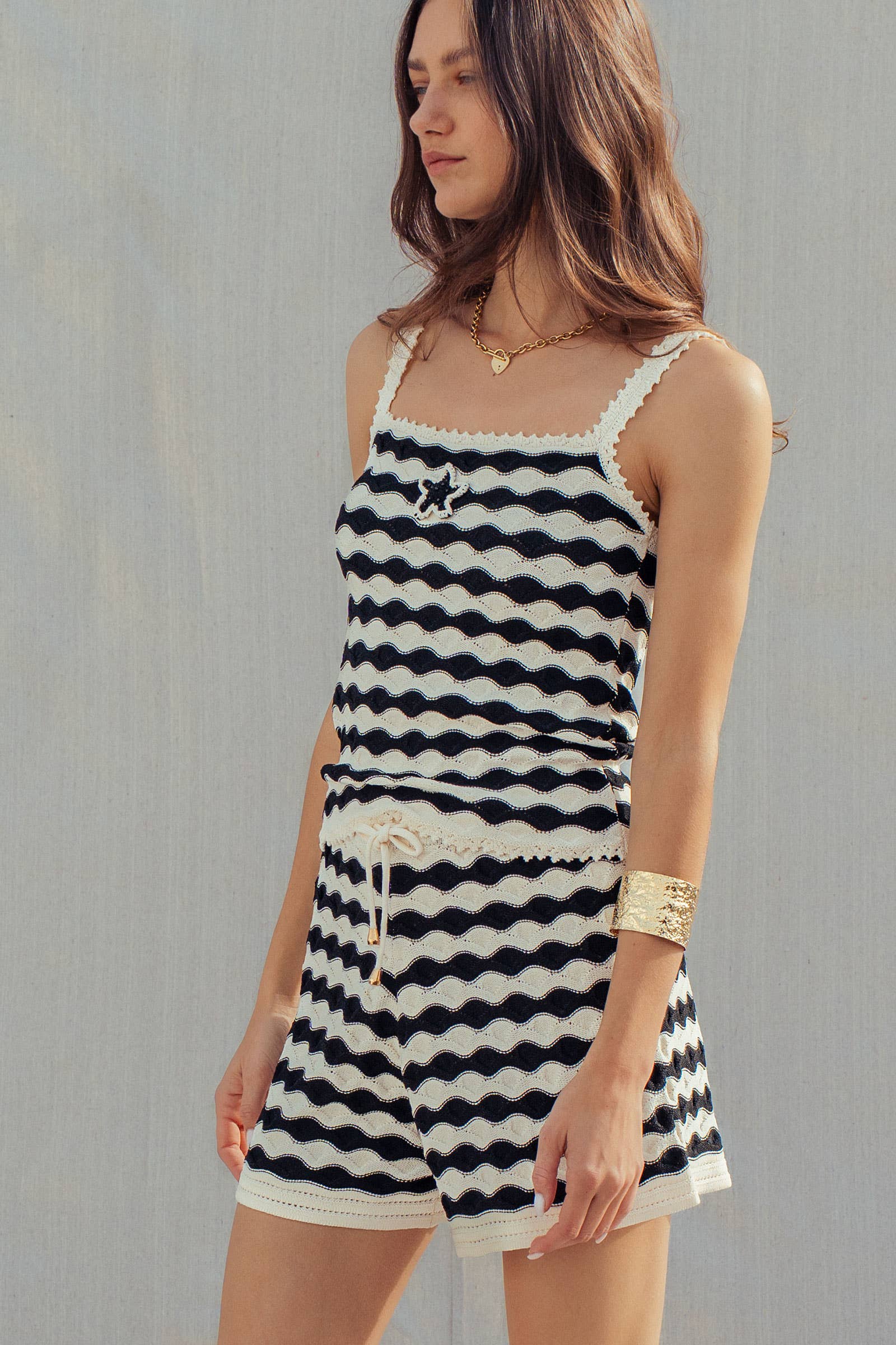 Urban Daizy Wavy Stripe Knit Two-Piece Set Star Detail Ivory-Black Lounge Set - Women's (UDZ-AC-00236) – alternate view 3