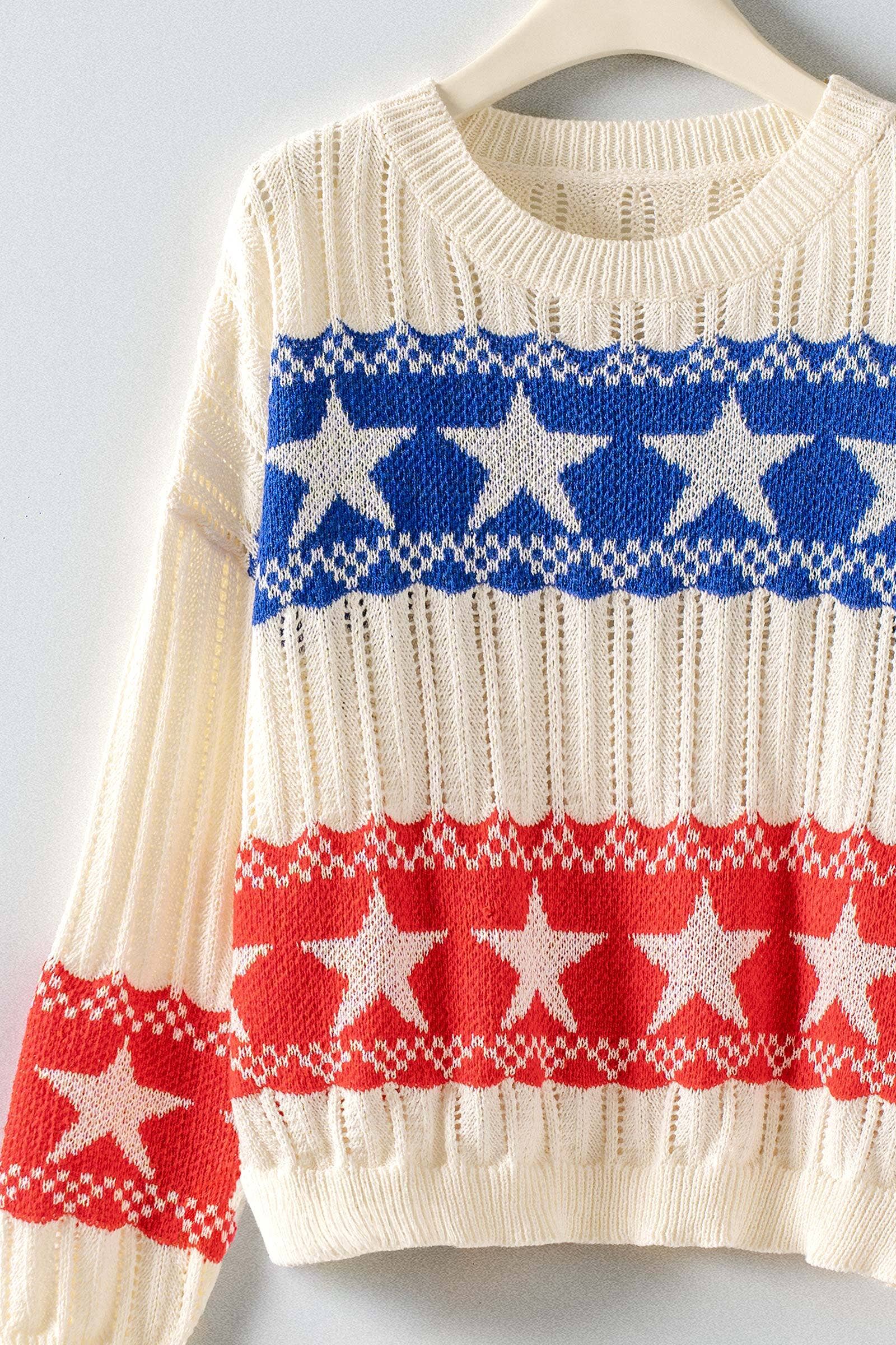 Urban Daizy Patriotic Star & Stripe Open Knit Sweater Ivory Knit Sweater - Women's (UDZ-KN-01052) – alternate view 3