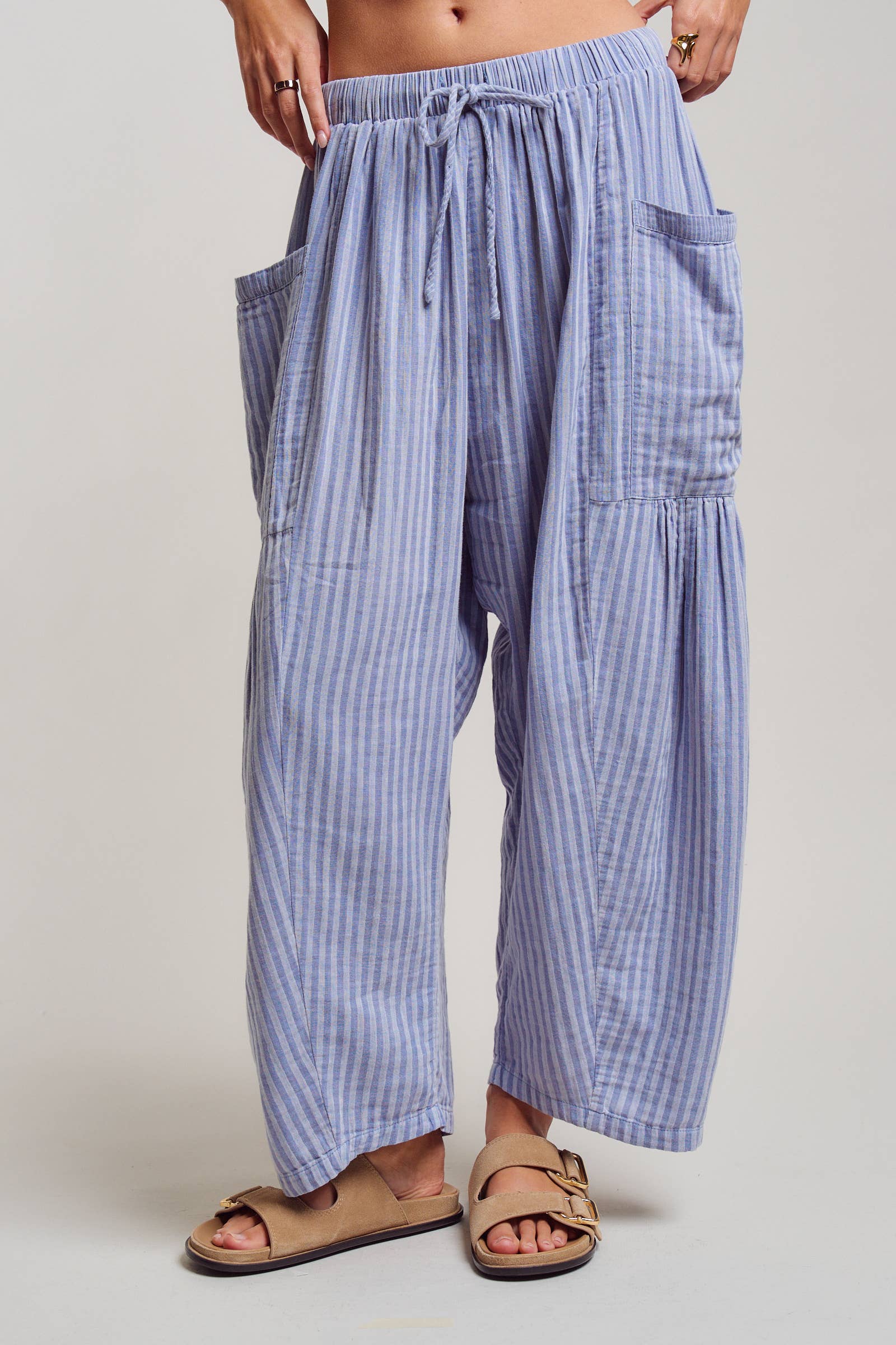 Striped Cotton Drawstring Harem Pants