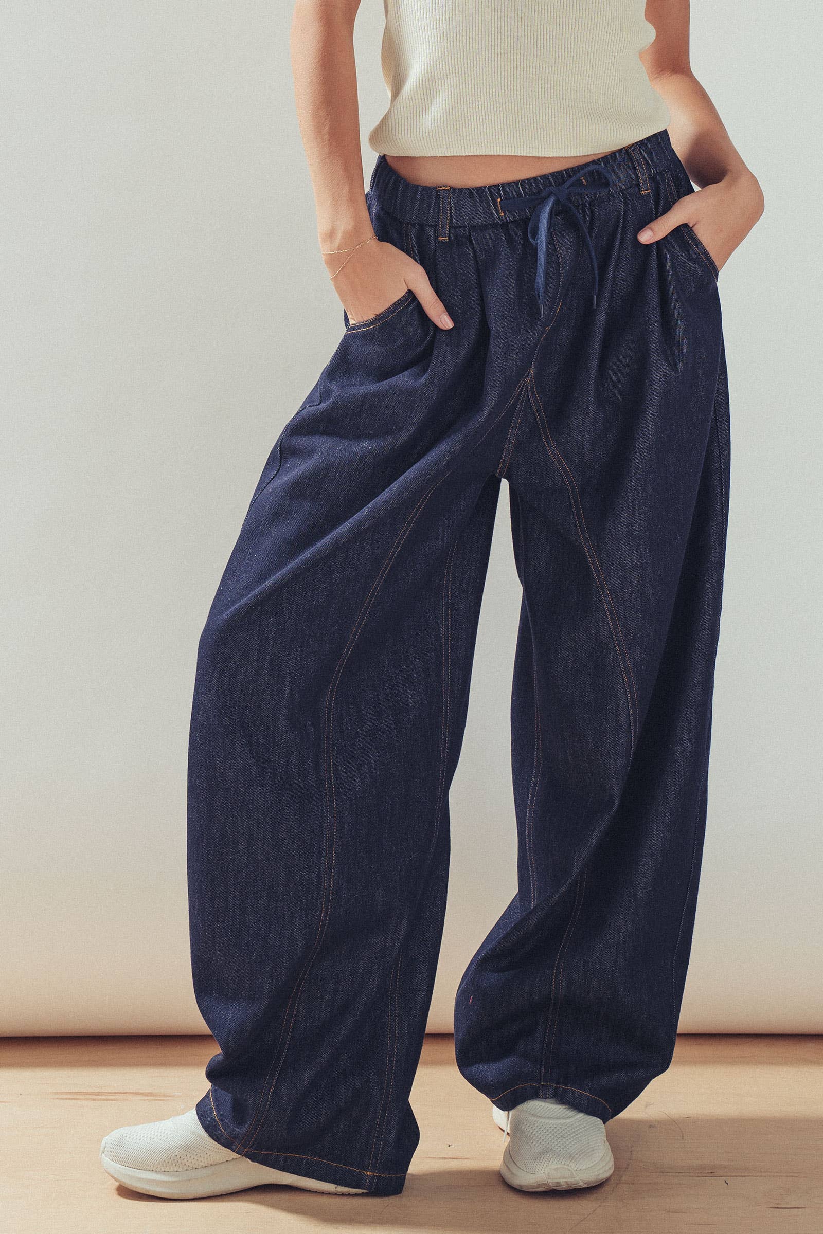 Drawstring Waist Dark Wash Barrel Leg Jeans
