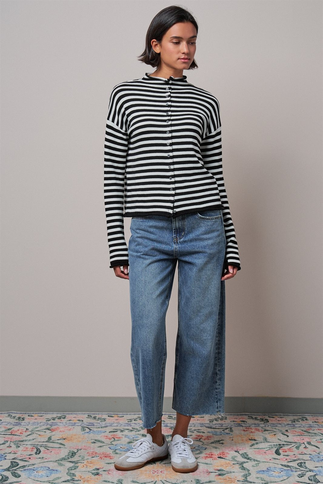 Striped Polo Collar Button Sweater with Rolled Edges in IVORY BLACK - Women's Cardigans & Shrugs | Urban Daizy