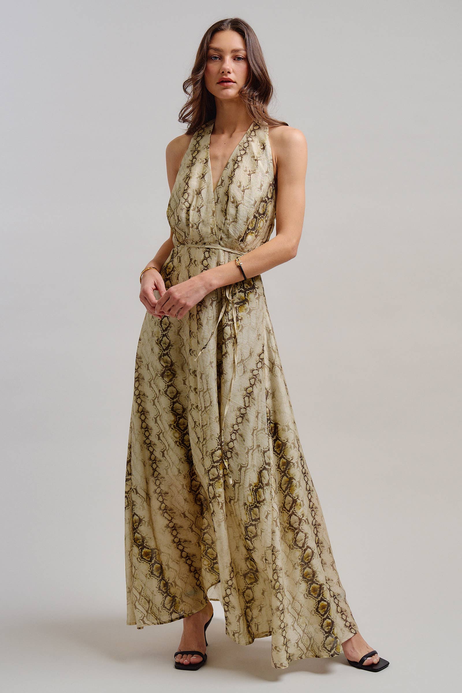 Snake Print Tencel Linen Halter Maxi Dress