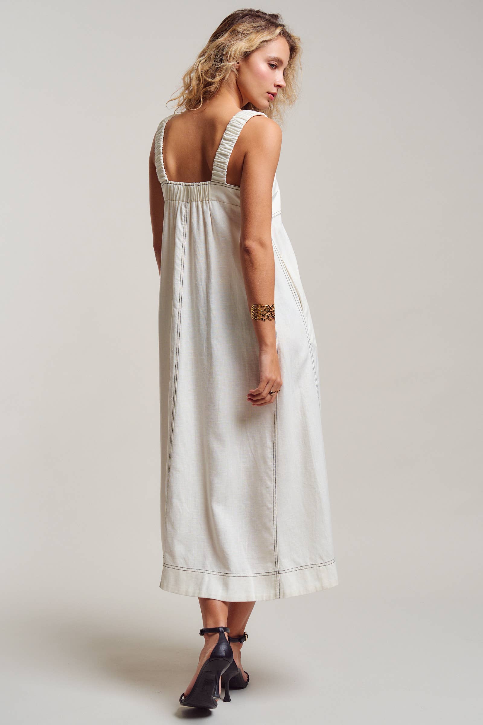 Contrast Stitch Square Neck Tencel Linen Midi Dress