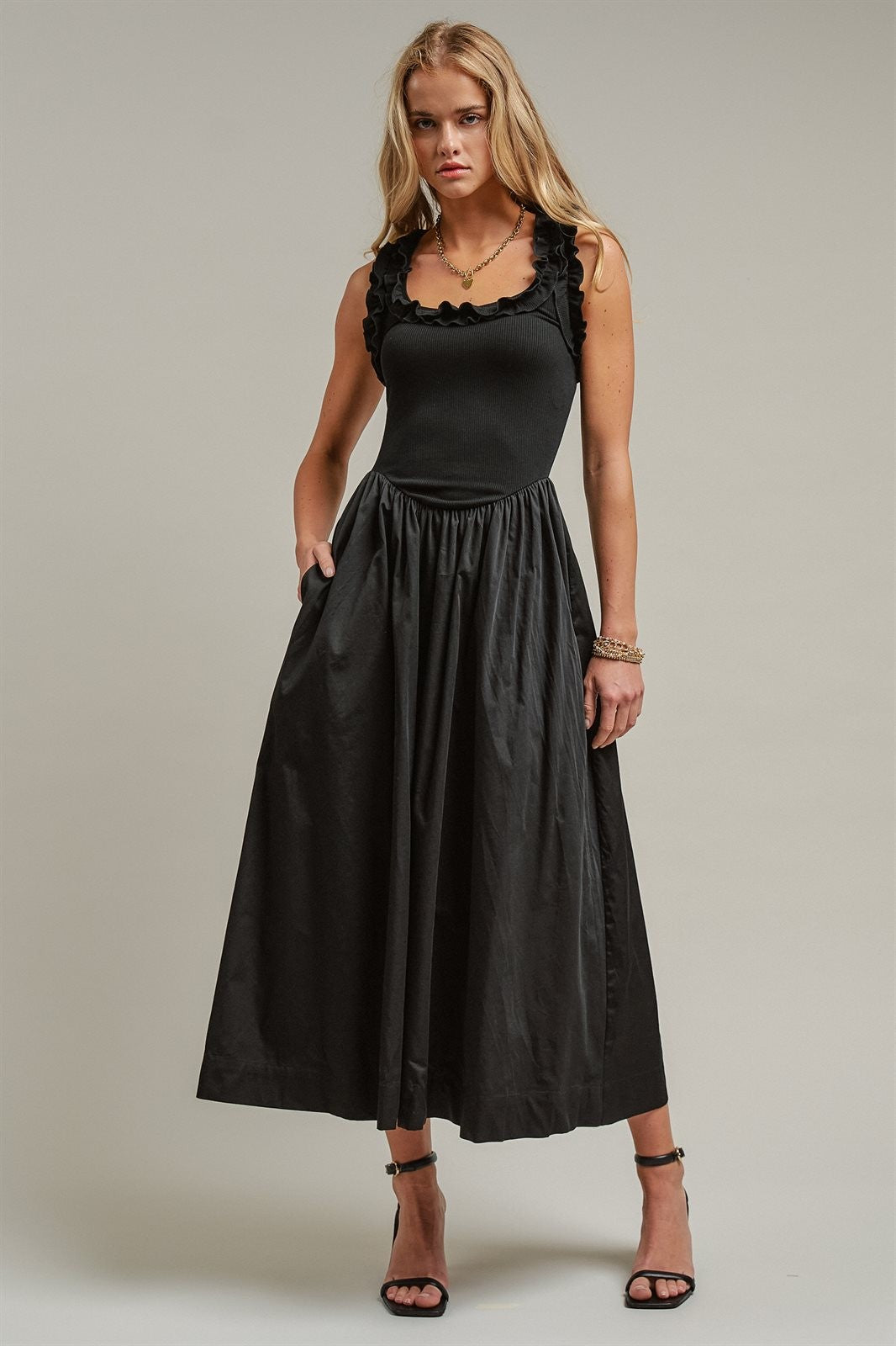 Soft Ruffle Bodice Midi Dress in BLACK - Women's Dresses | Urban Daizy