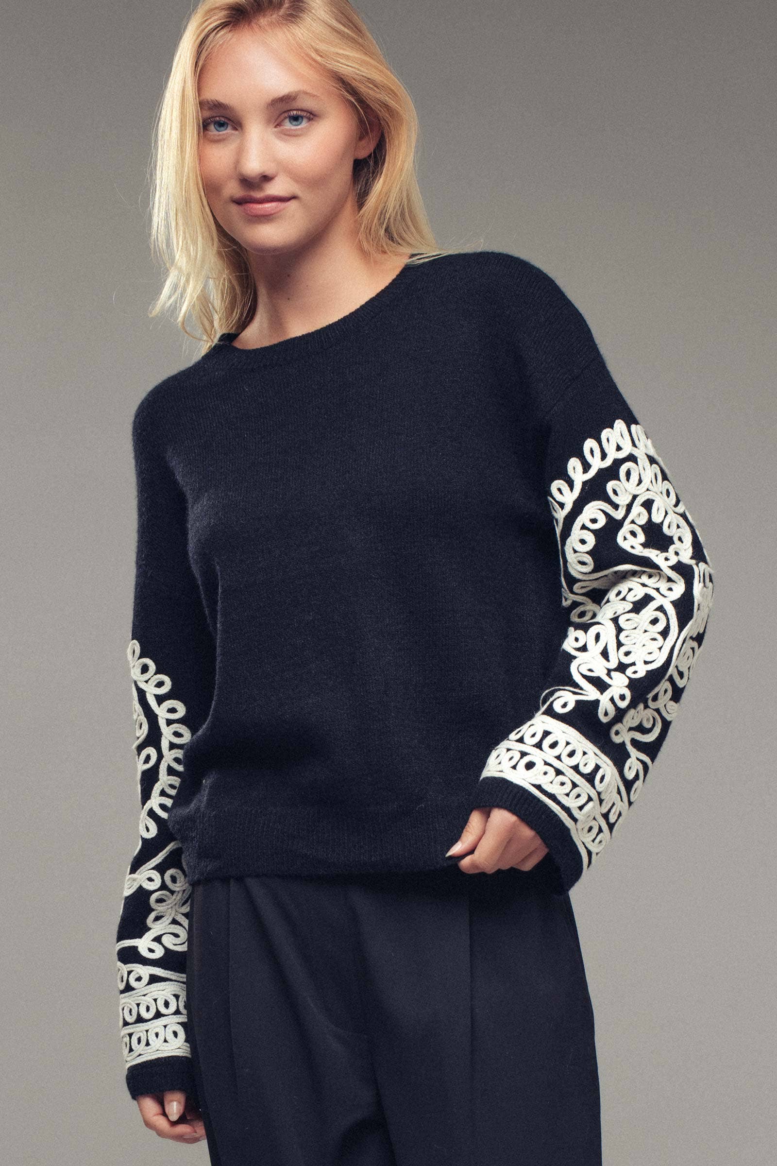 Urban Daizy Embroidered Sleeve Ivory Knit Sweater Ivory-Black Knit Sweater - Women's (UDZ-KN-00654) – alternate view 20