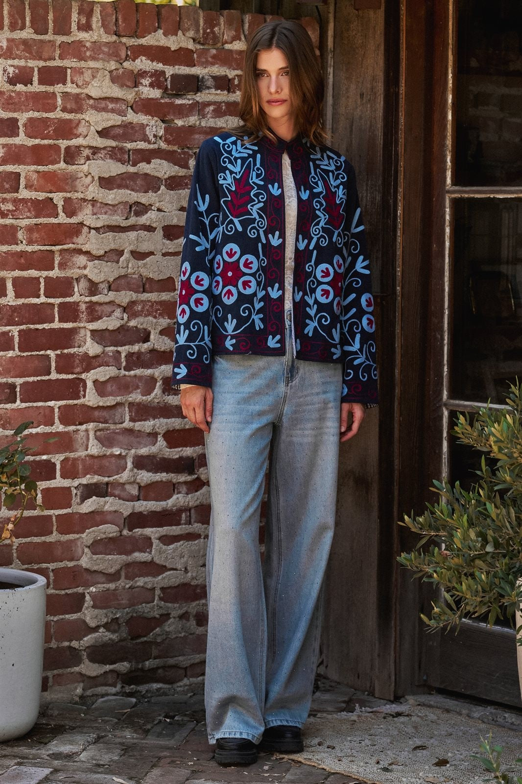Embroidered Corduroy Jacket with Folk Floral Scroll in NAVY - Women's Jackets & Blazers | Urban Daizy
