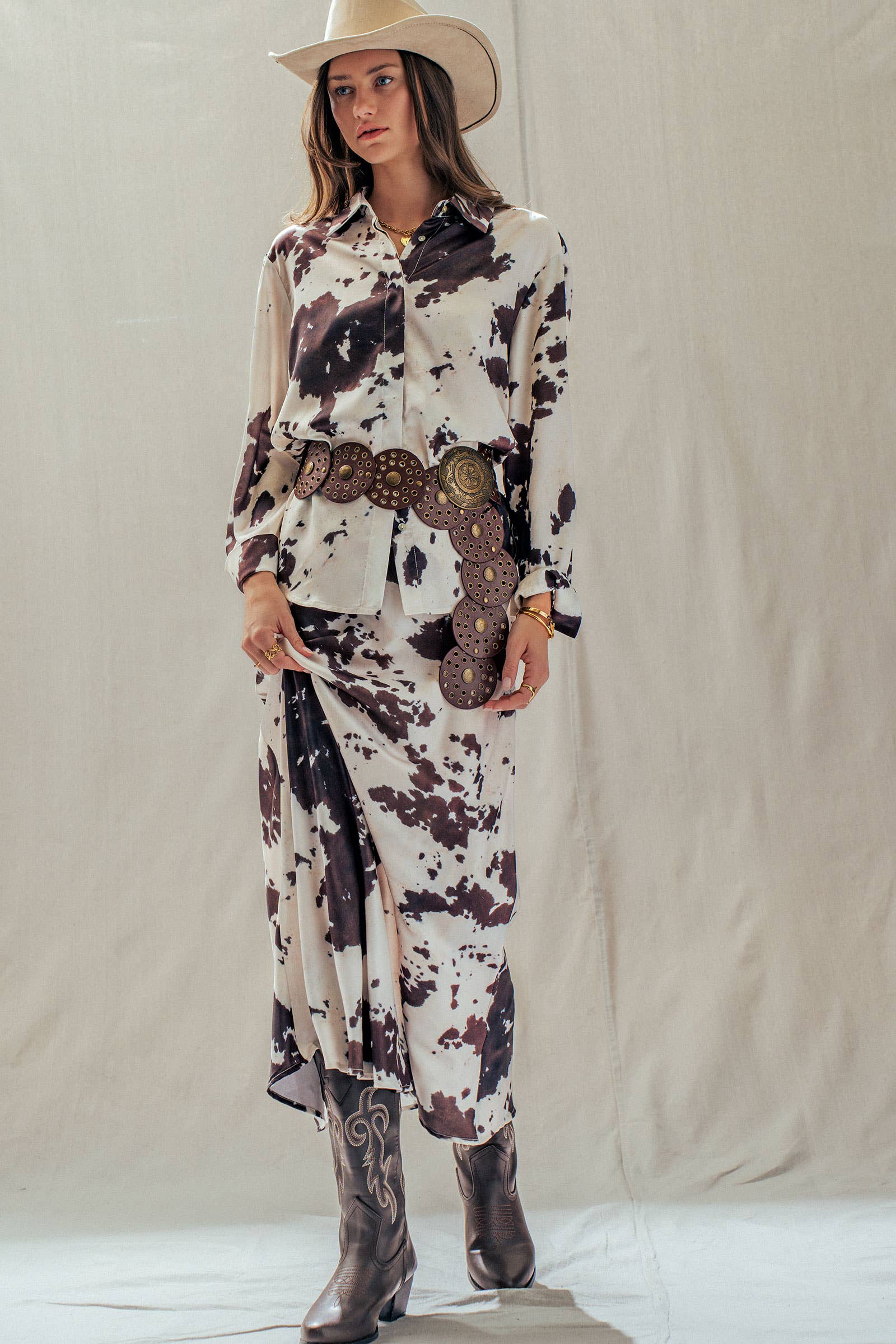 Urban Daizy Cowhide Print Satin Drawstring Midi Skirt Animal-Print Skirt - Women's (UDSK0074) – alternate view 14