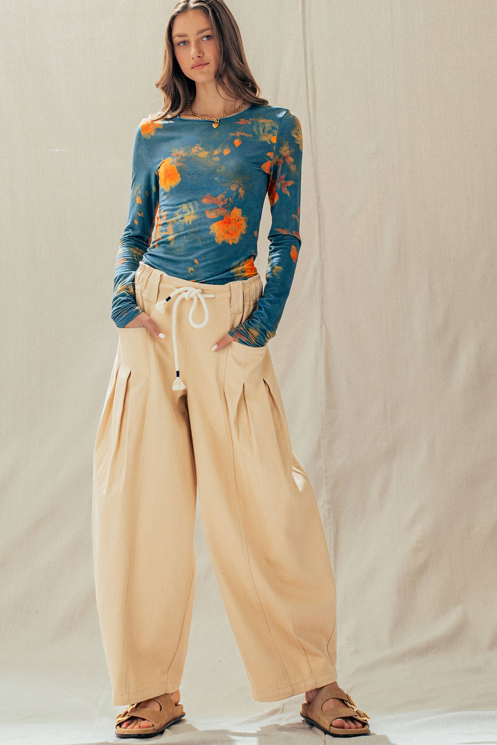 Vintage Floral Long Sleeve Top Tencel Wool Blend