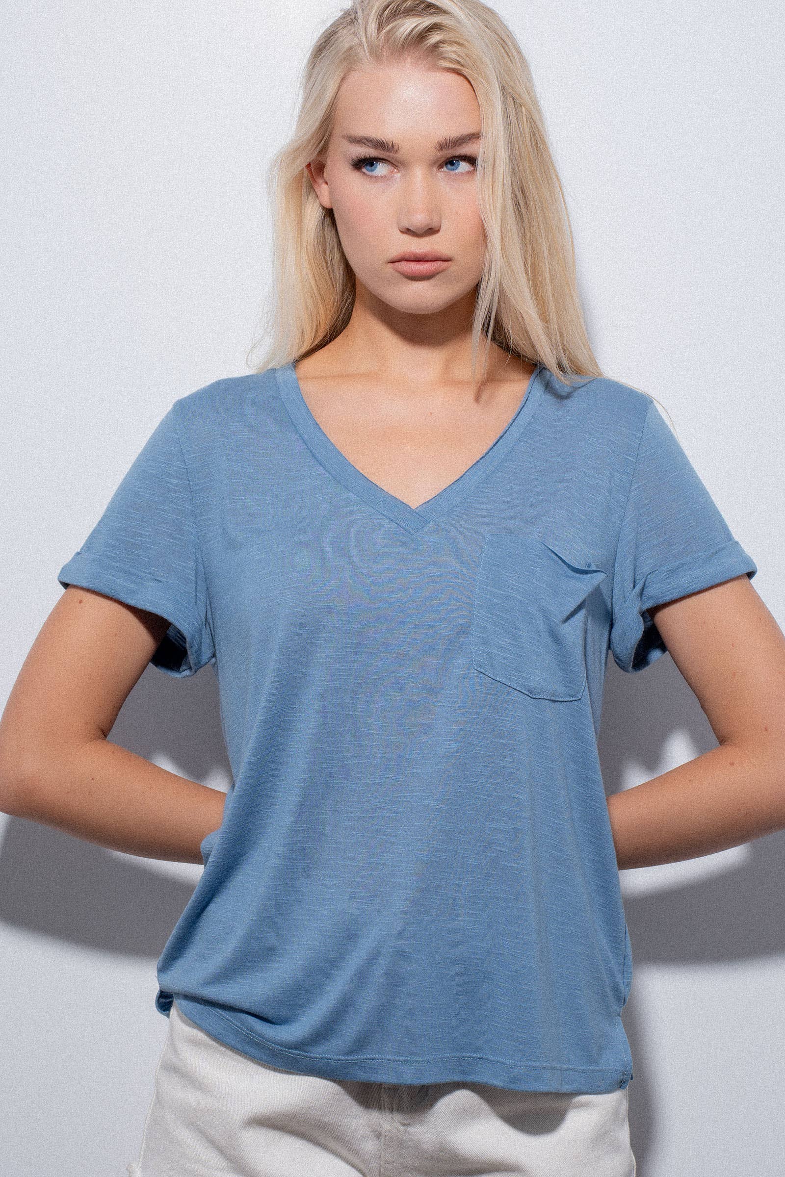Rolled Sleeve V-Neck Pocket Tee