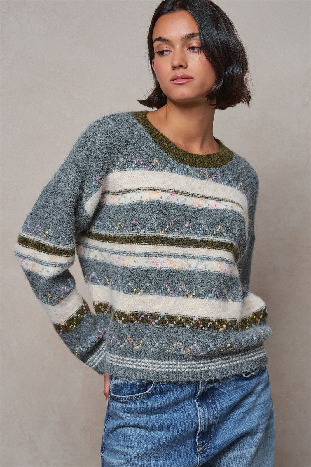 Multicolor Stripe Fair Isle Fuzzy Knit Sweater in GREY - Women's Sweaters | Urban Daizy