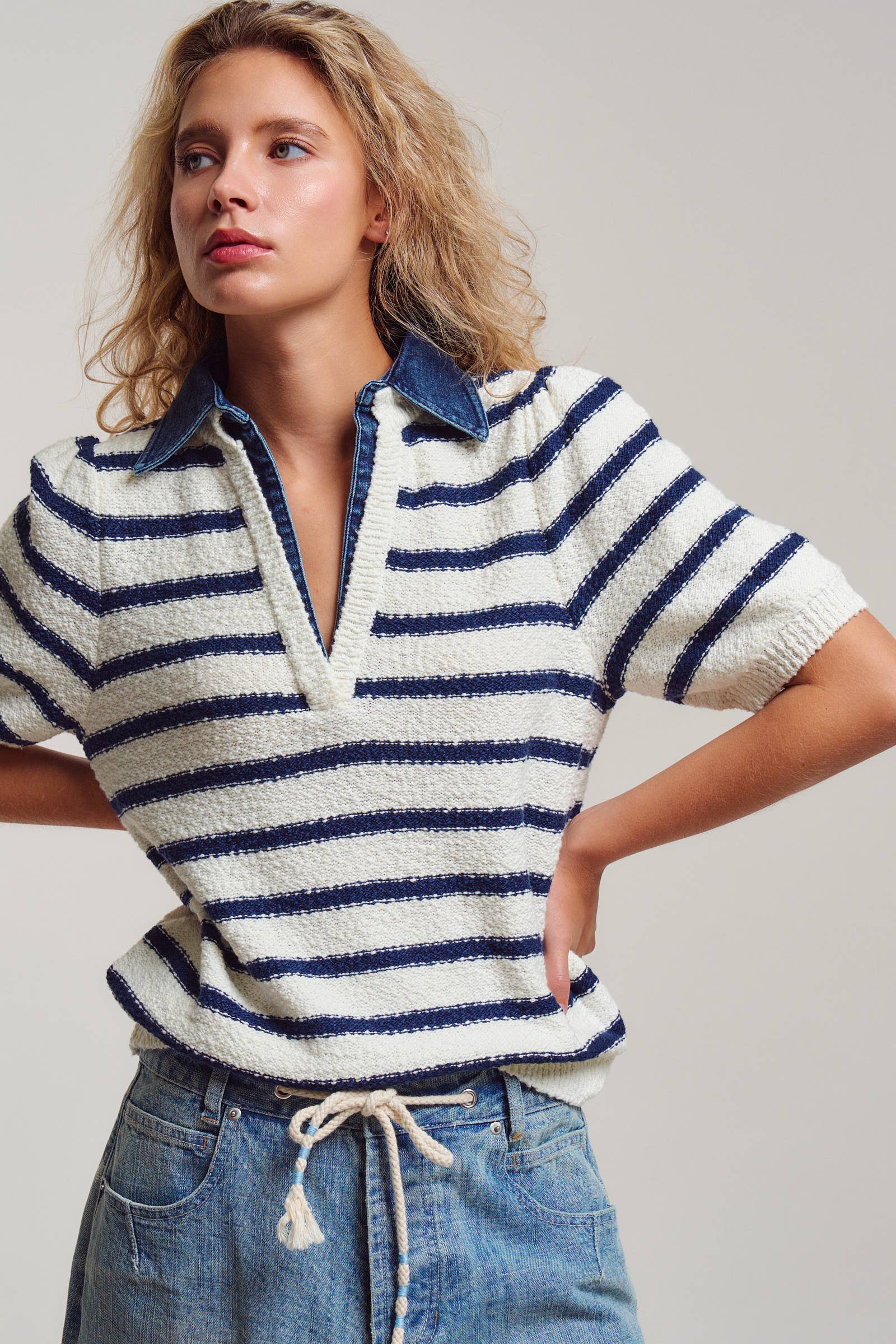 Urban Daizy Denim Collar Striped Textured Knit Puff Sleeve Polo Ivory-Blue Polo - Women's (UDTP1433-Ivory-Blue) – alternate view 7