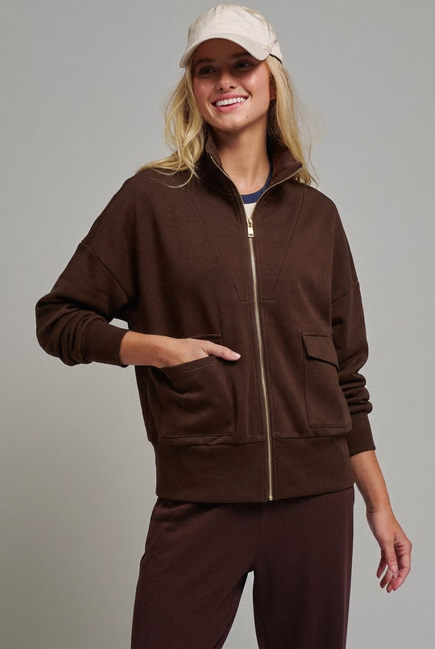 Scuba Zip Up Track Bomber Jacket Pilates Athflow for Women in CHOCOLATE BROWN - Women's Jackets & Blazers | Urban Daizy