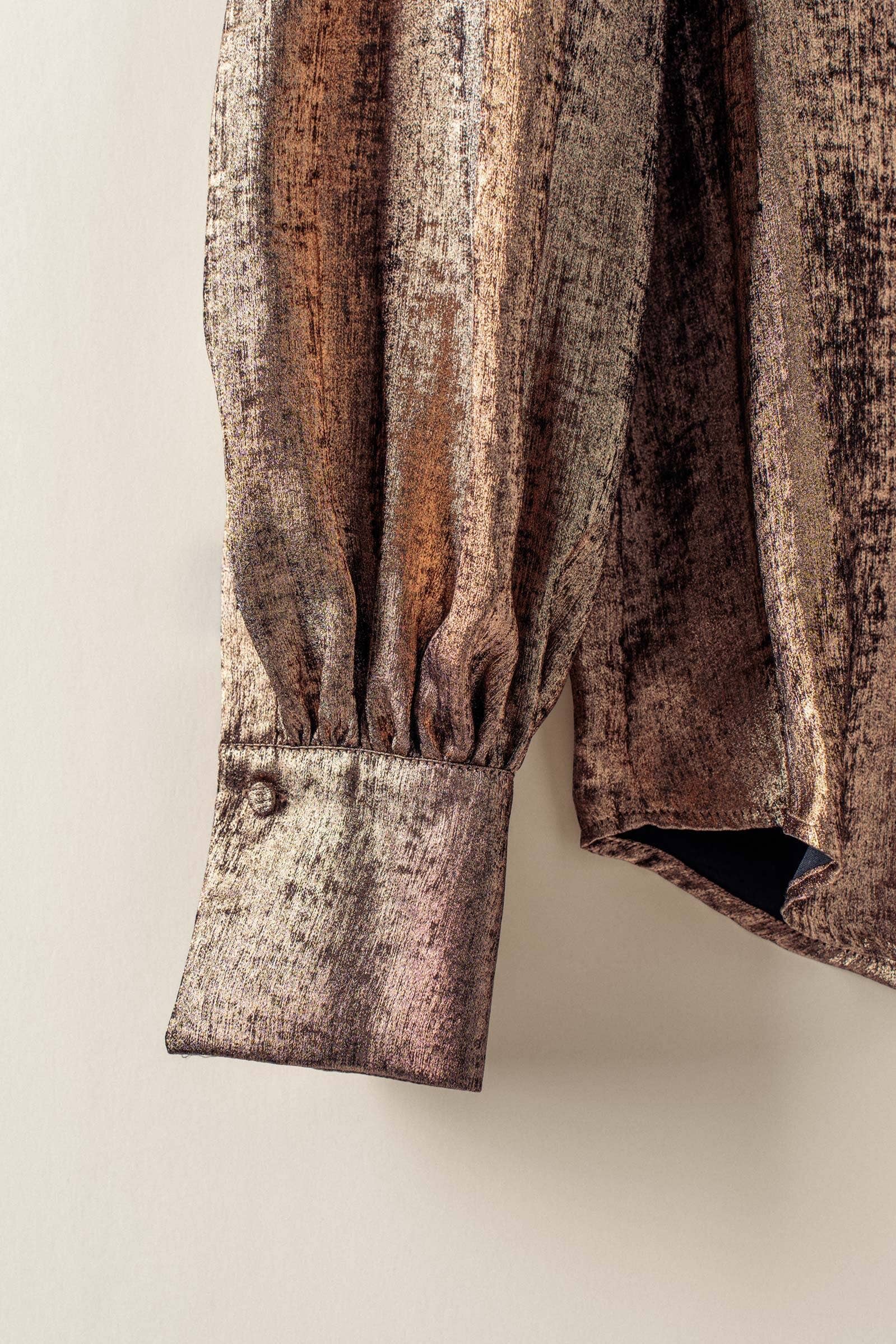 Metallic Billowy Sleeve Button Down Blouse