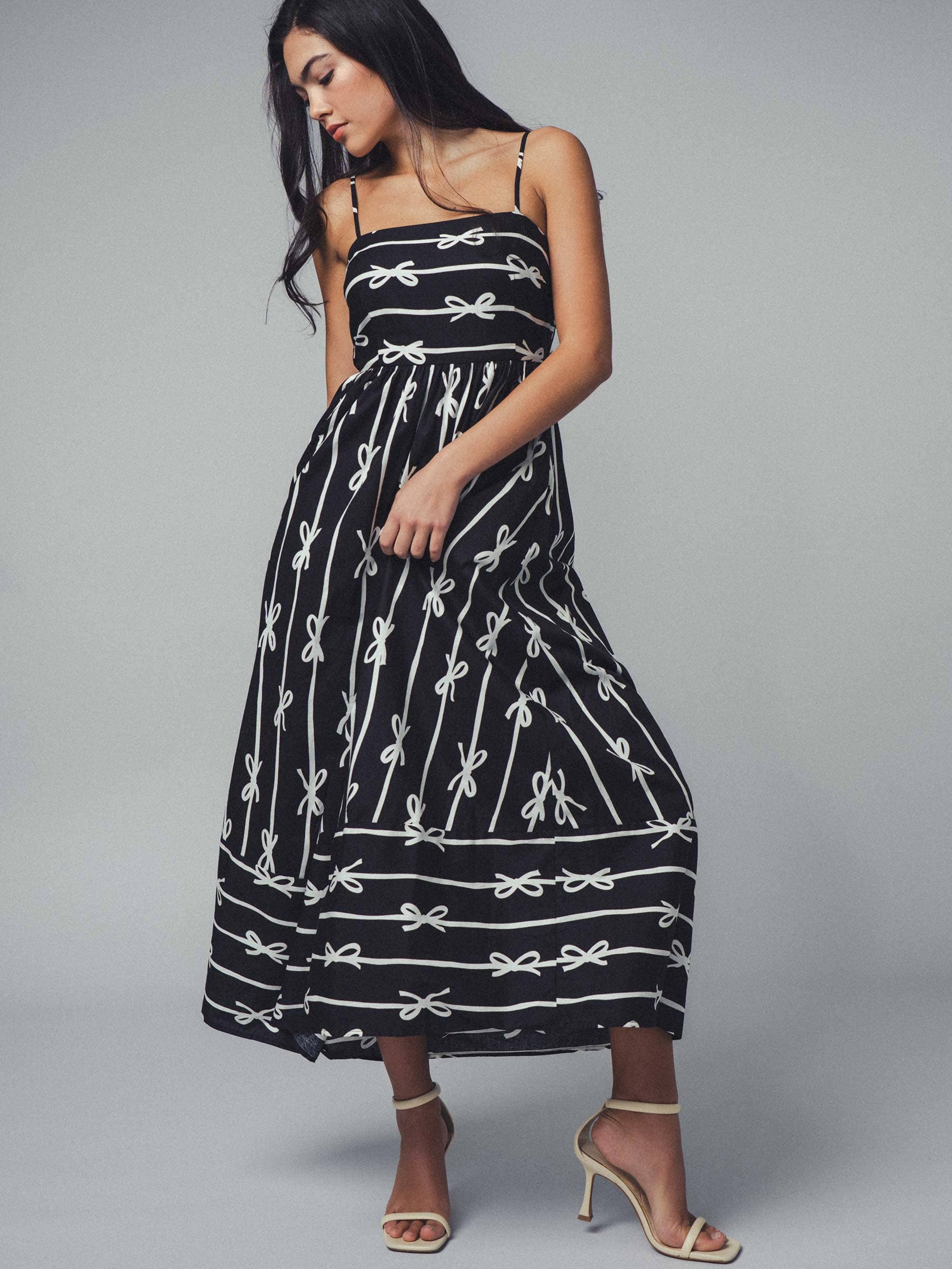 Sweet Ribbon Stripe Bow Print Smocked Back Maxi Dress