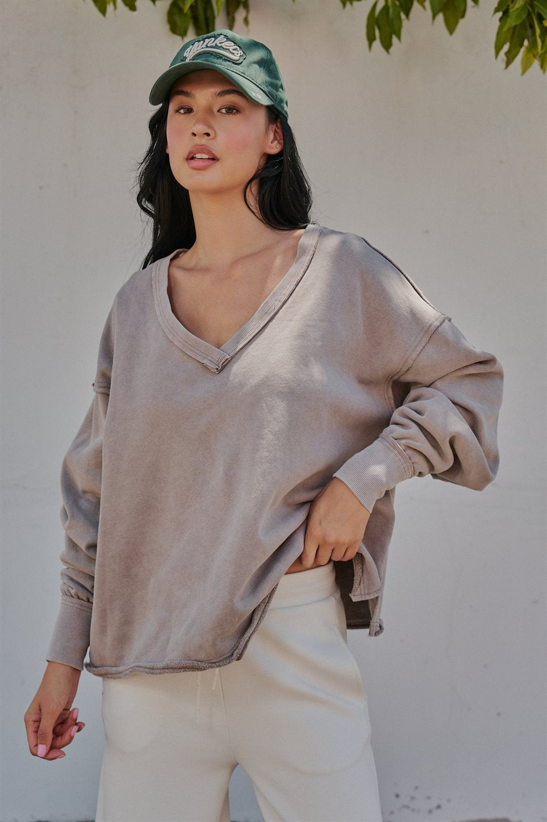 Relaxed Vintage V-Neck Oversized Sweatshirt in MOCHA MOUSSE - Women's Sweatshirts & Hoodies | Urban Daizy