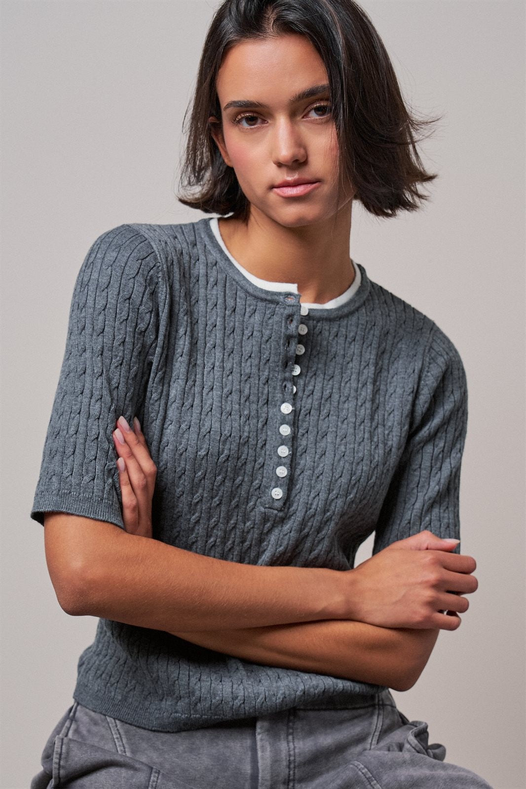 Wool Blend Cable Knit Henley with Contrast Neckline in GREY - Women's Sweaters | Urban Daizy