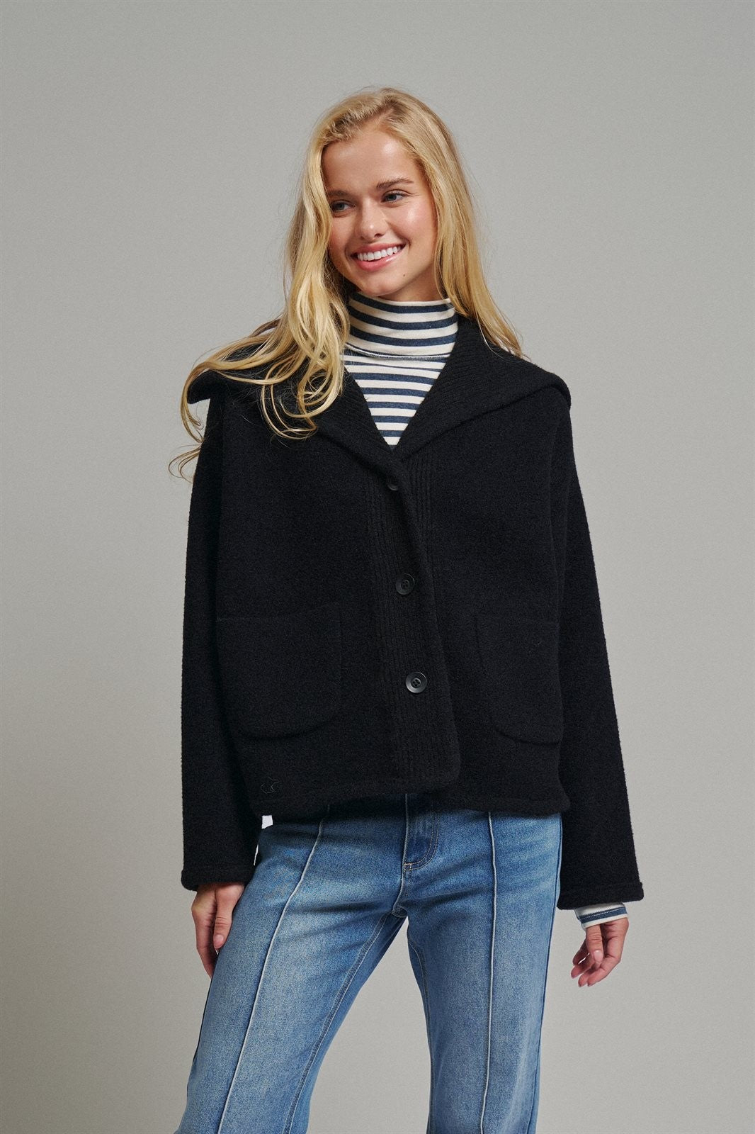 Hooded Button-Front Wool Blend Short Jacket in BLACK - Women's Jackets & Blazers | Urban Daizy