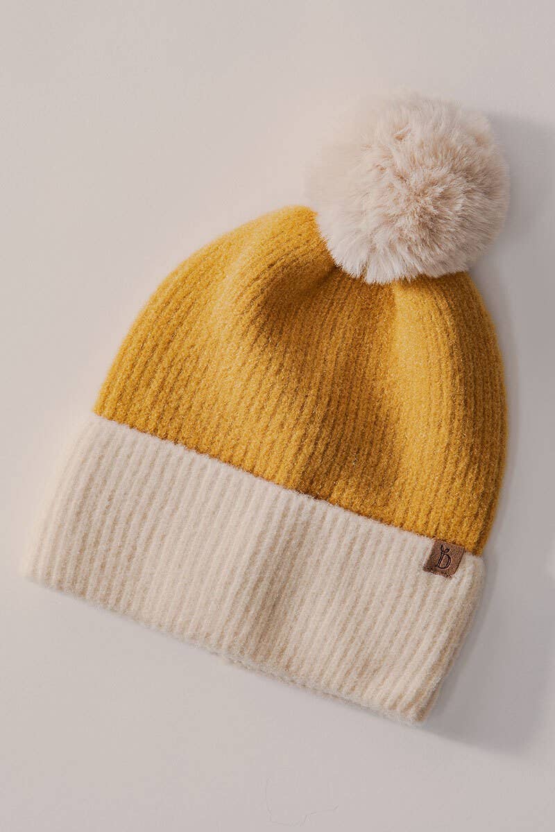 Urban Daizy Cozy Colorblock Ribbed Beanie with Faux Fur Pom Blue Beanie - Women's (UDZ-AC-00003) – alternate view 3