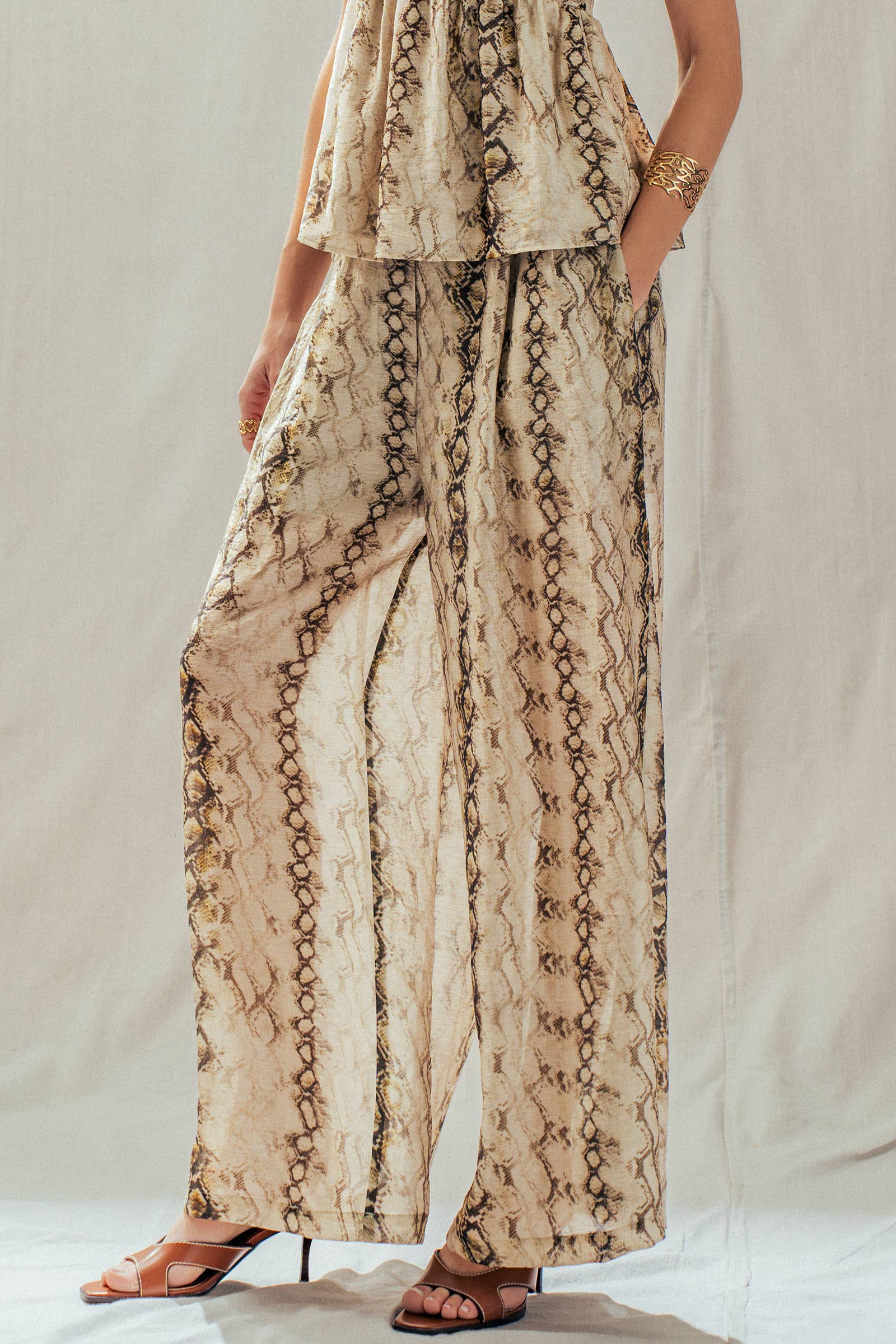 Snake Print Wide Leg Pants Linen Blend