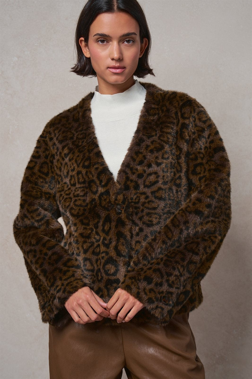 Leopard Print Faux Fur V-Neck Jacket in BROWN - Women's Jackets & Blazers | Urban Daizy