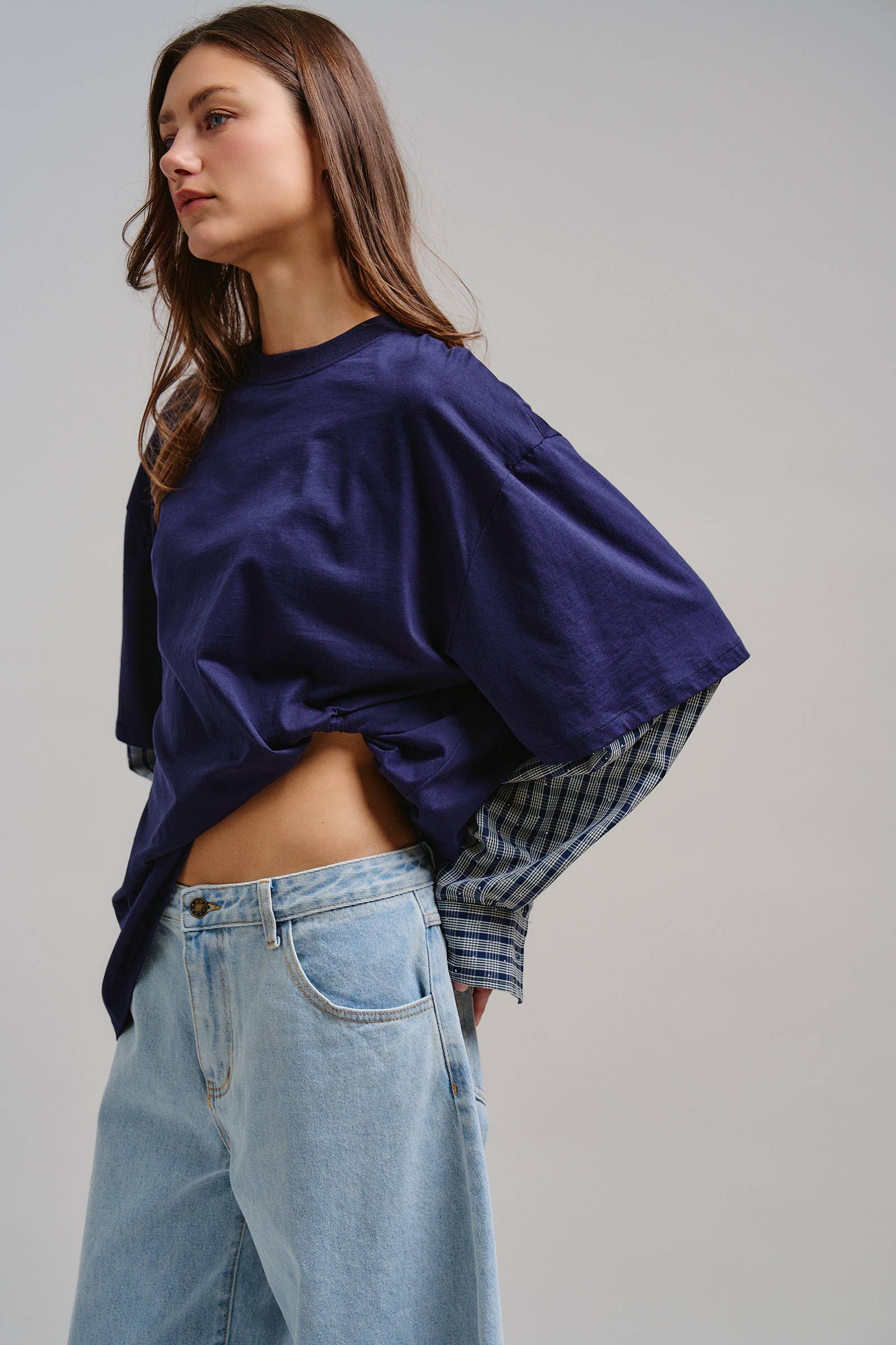 Urban Daizy Oversized Faux Layered Mixed Media Shirt Red Tunic - Women's (UDTP1445-Red) – alternate view 9