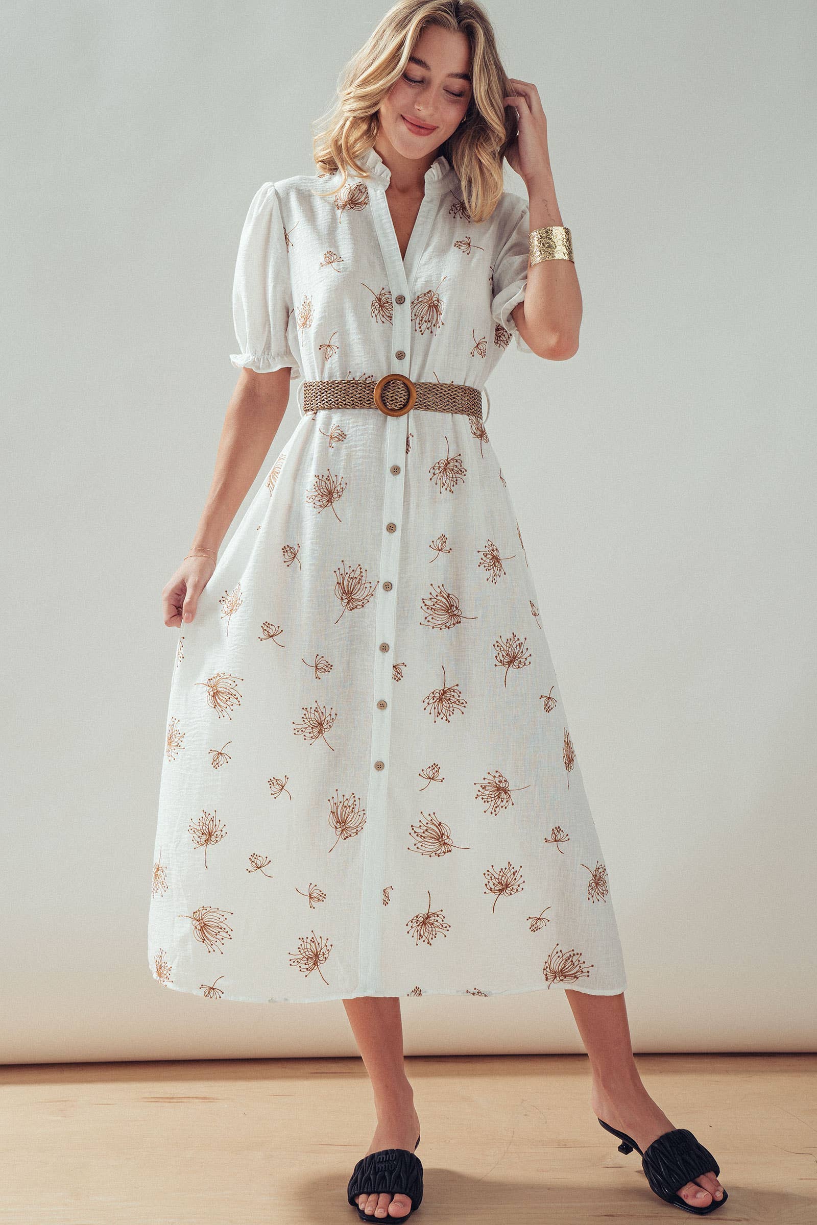 Embroidered Linen Blend Button Front Midi Dress