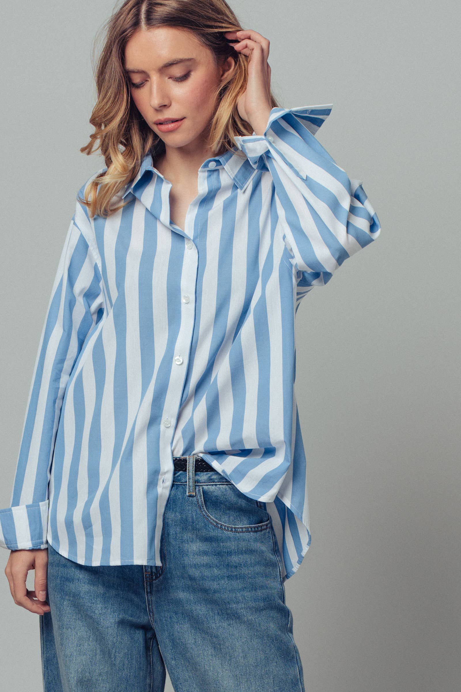 Urban Daizy Oversized Stripe Button Down Collared Shirt Blue Button Down Shirt - Women's (UDZ-TP-00759) – alternate view 5