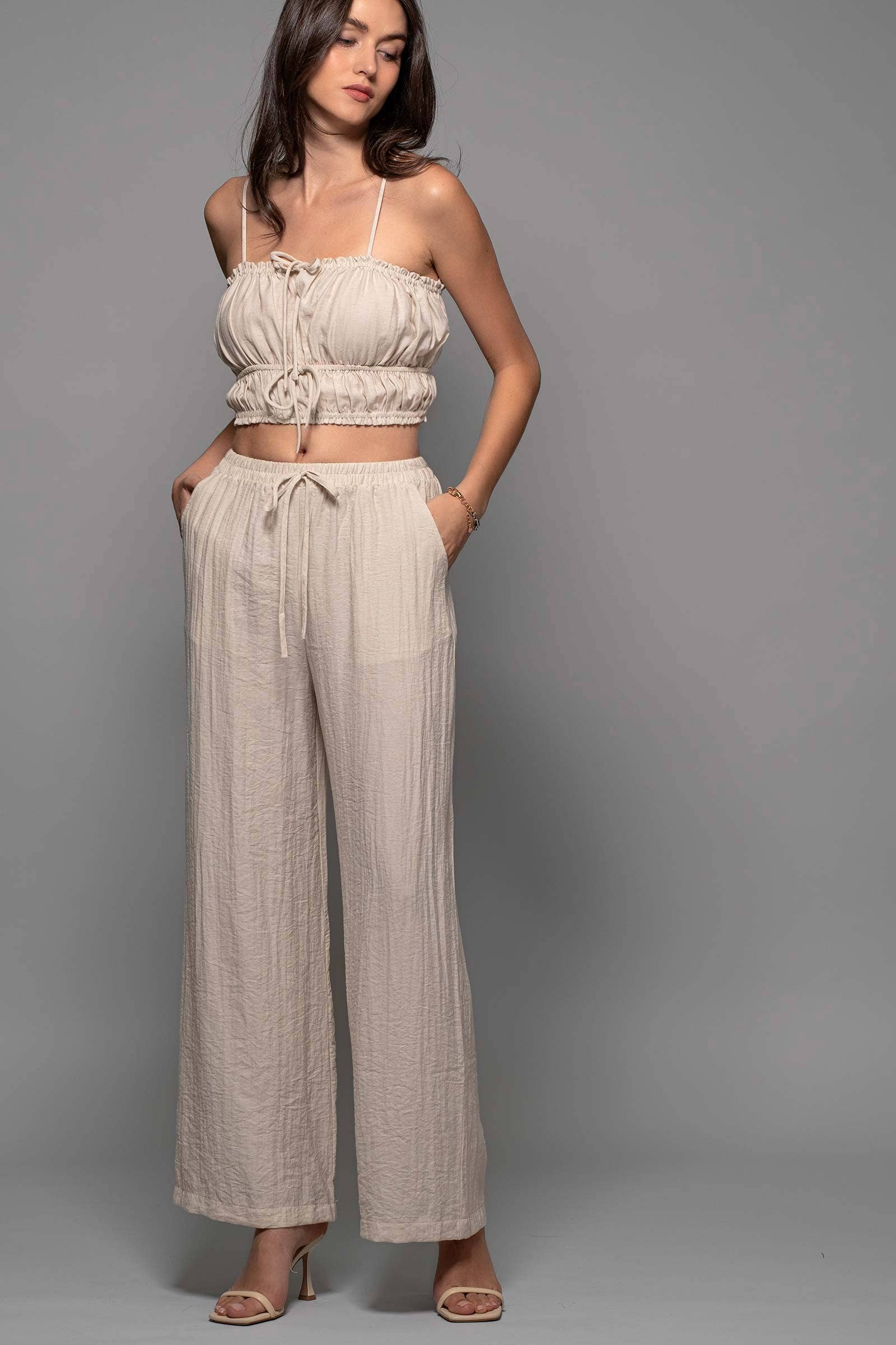 Linen-Blend Smocked Crop Top and Wide-Leg Pants Set