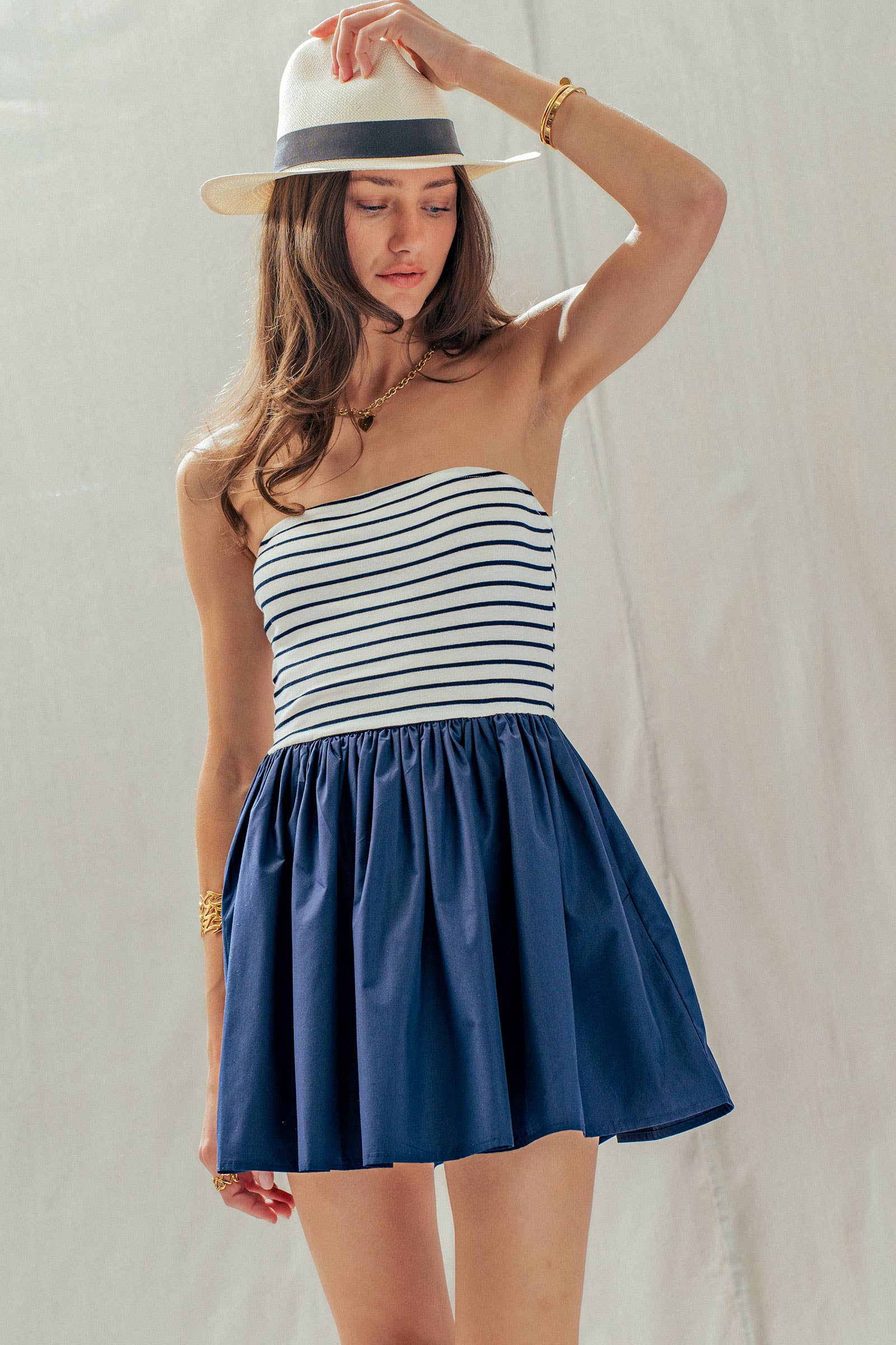 Urban Daizy Mixed Media Strapless Knit & Poplin Mini Dress Ivory-Blue Dress - Women's (UDDR0336-Ivory-Blue) – alternate view 5