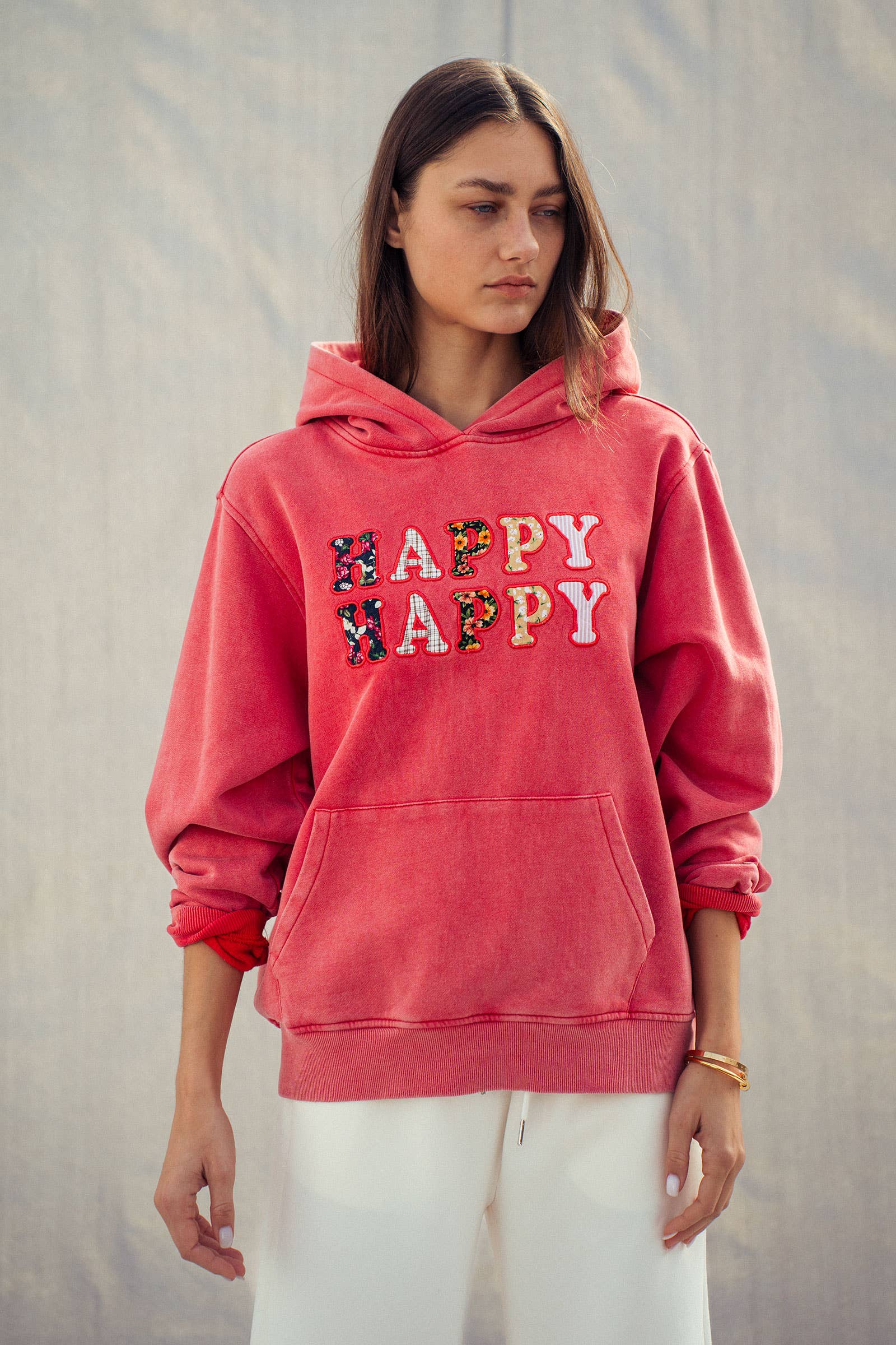 Urban Daizy "HAPPY HAPPY" Vintage Washed Hoodie Red Hoodie - Women's (UDZ-KN-00891) – alternate view 5