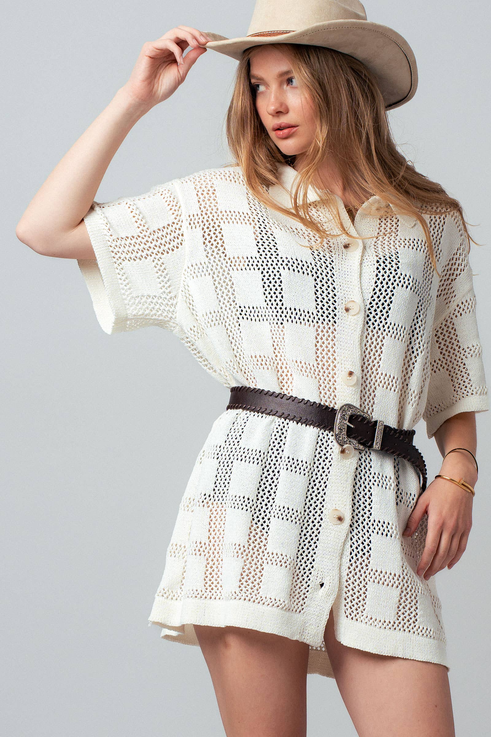 Open-Knit Collared Button-Front Tunic