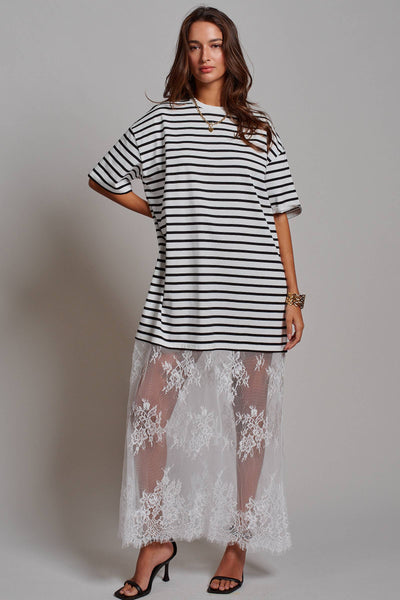 Mixed-Media T-Shirt Dress with Sheer Lace Skirt
