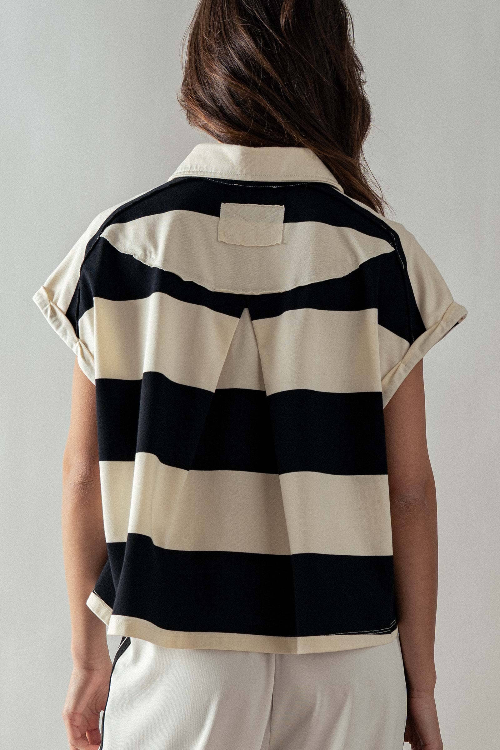 Urban Daizy Bold Striped Dolman Sleeve Polo Shirt Ivory Black Polo - Women's (UDZ-TP-00660) – alternate view 30
