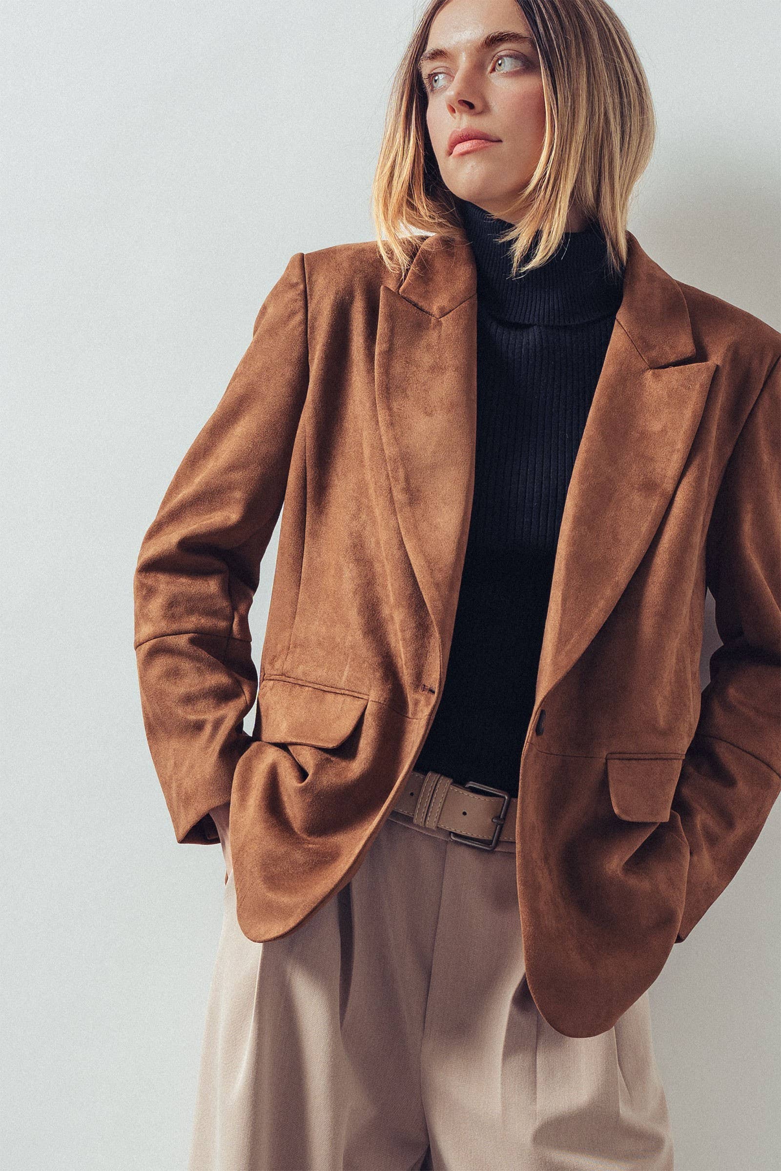 Relaxed Fit Notched Lapel Faux Suede Blazer