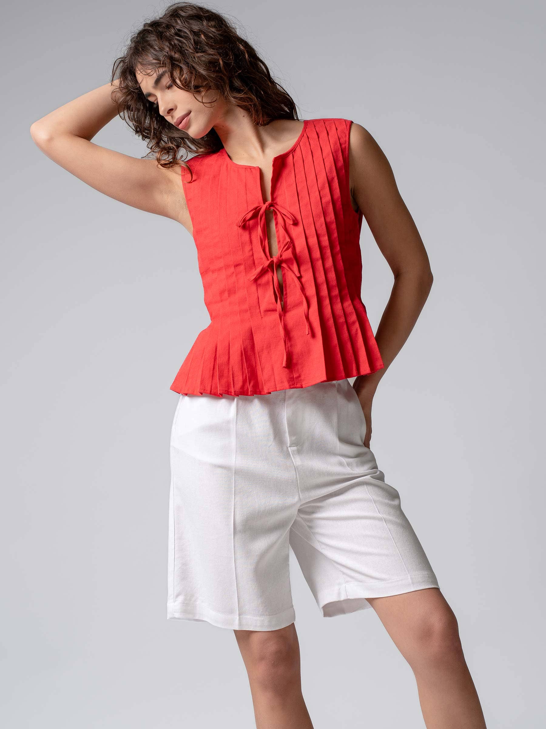 Urban Daizy Pleated Bow Front White Top Ivory Blouse - Women's (UDZ-DR-00389) – alternate view 22